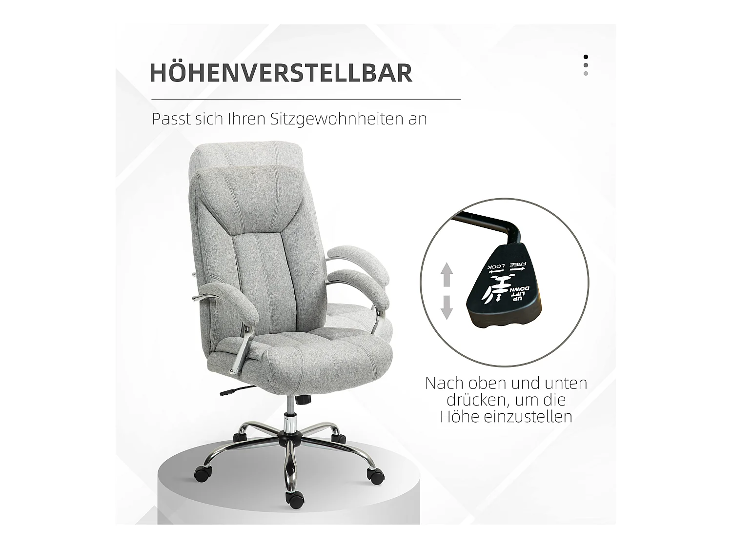 Cadeira de escritório ergonômica com braços e apoio de cabeça, ajustável, giratória, nylon cinza claro