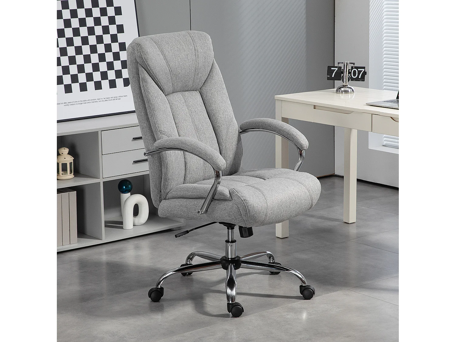 Silla de oficina ergonómica con reposabrazos y reposacabezas, ajustable, giratoria, nailon gris claro