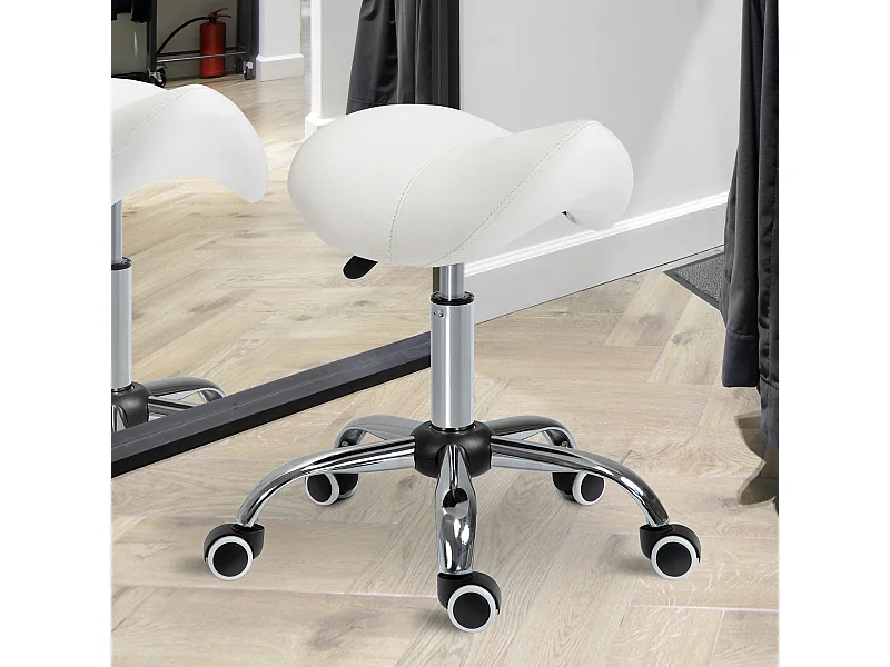 Taburete ergonómico con ruedas de piel sintética y asiento acolchado blanco de altura ajustable para oficina y hogar.