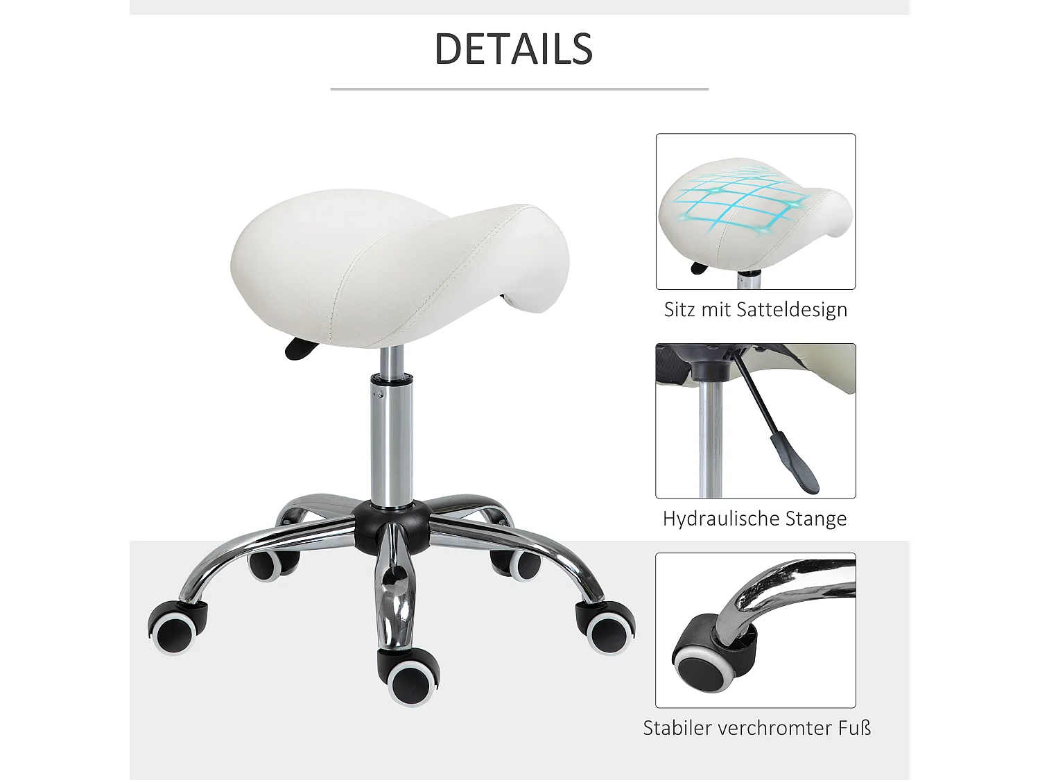 Tabouret roulant ergonomico in simile cuoio, regolabile in alta qualità, siège rembourré bianco per ufficio e maison