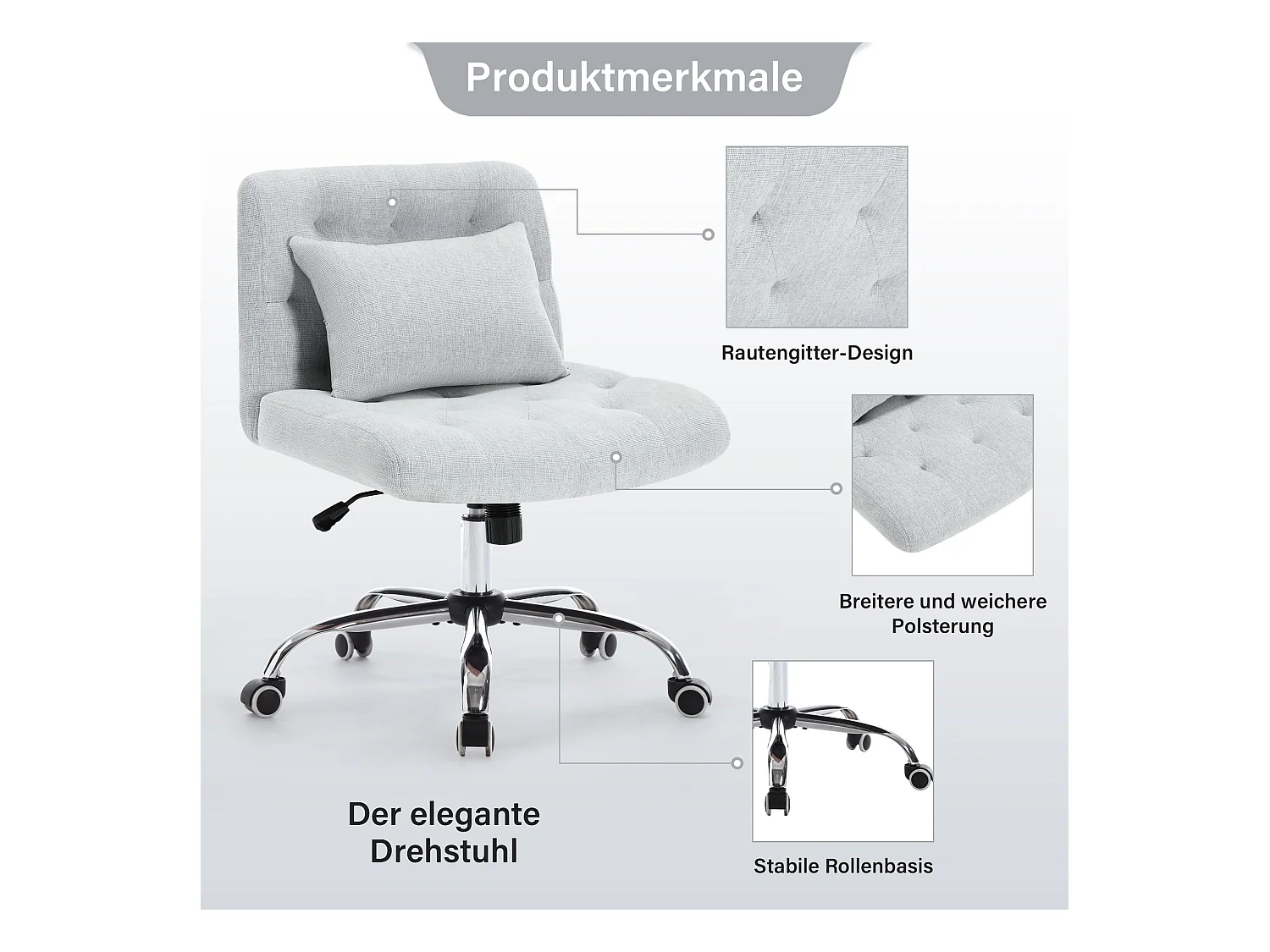 Cadeira de escritório sem braços, tecido de linho, giratória ergonômica, 160 kg, para quarto