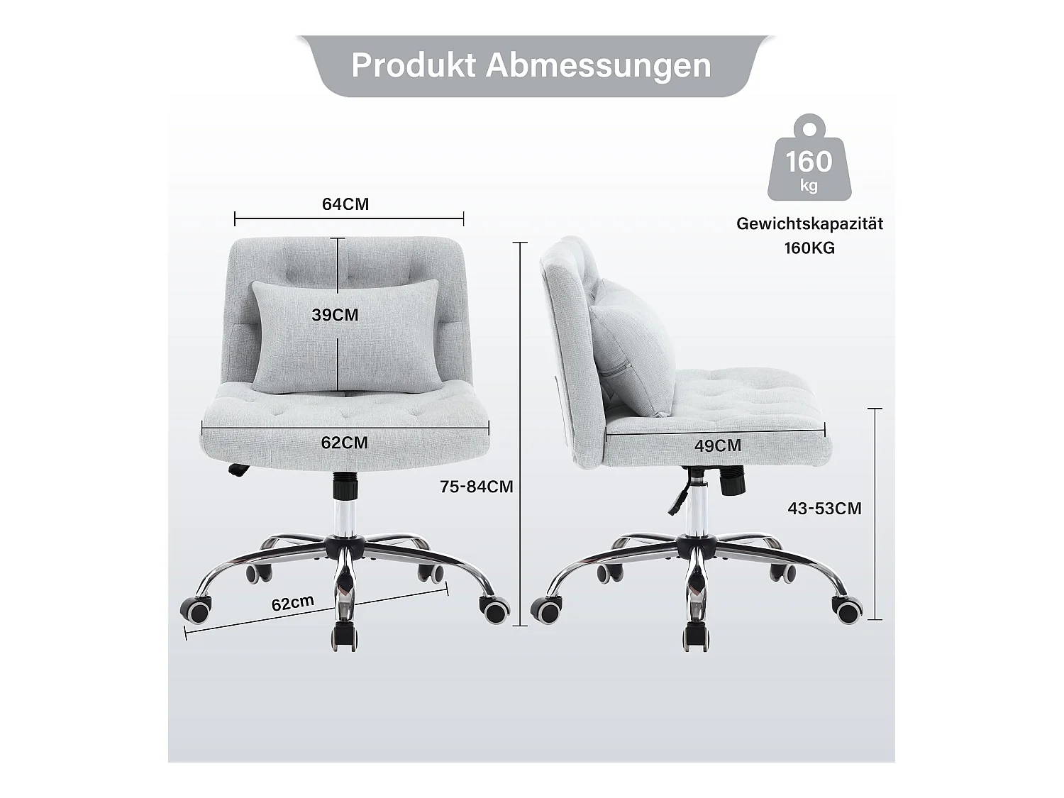 Cadeira de escritório sem braços, tecido de linho, giratória ergonômica, 160 kg, para quarto