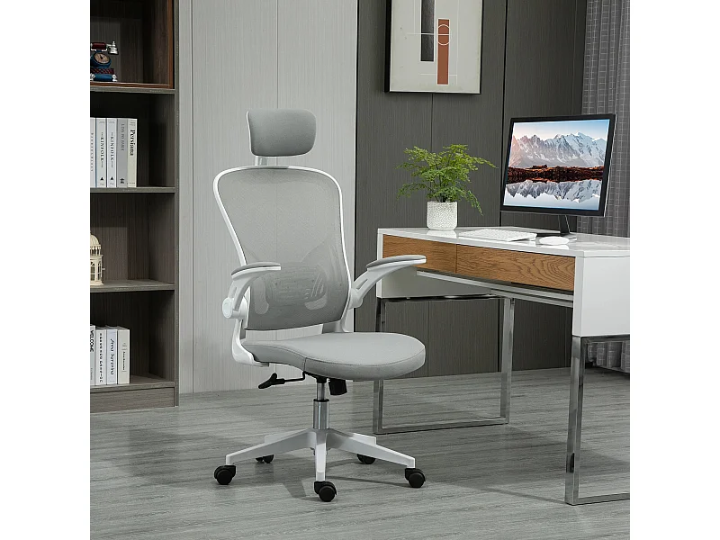 Silla de oficina ergonómica de tejido de malla con reposacabezas y respaldo reclinable gris 65x64x114-122 cm