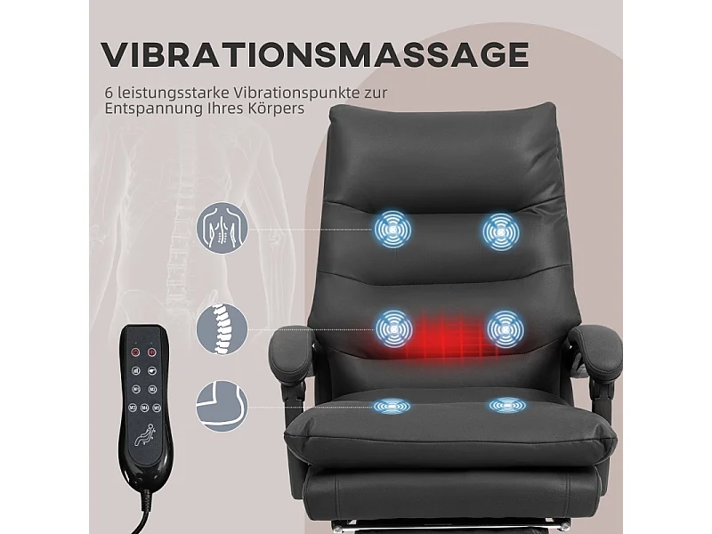 Fauteuil bureau ergonomique massage avec chauffage, réglable hauteur, pivotant, noir