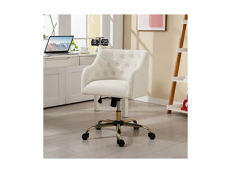Silla de oficina giratoria ajustable de tela de lino con respaldo tapizado para oficina en casa beige