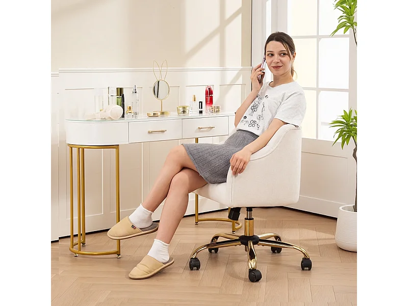 Silla de oficina giratoria ajustable de tela de lino con respaldo tapizado para oficina en casa beige
