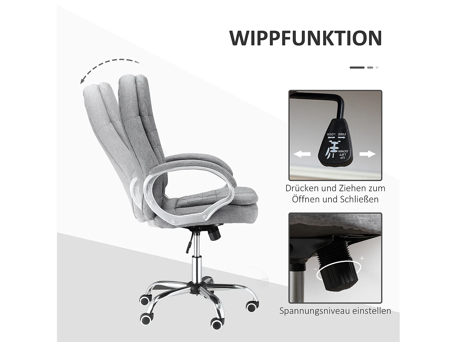 Cadeira de escritório ergonômica em linho com braços giratórios ajustáveis ​​cinza 64x75x111-121cm