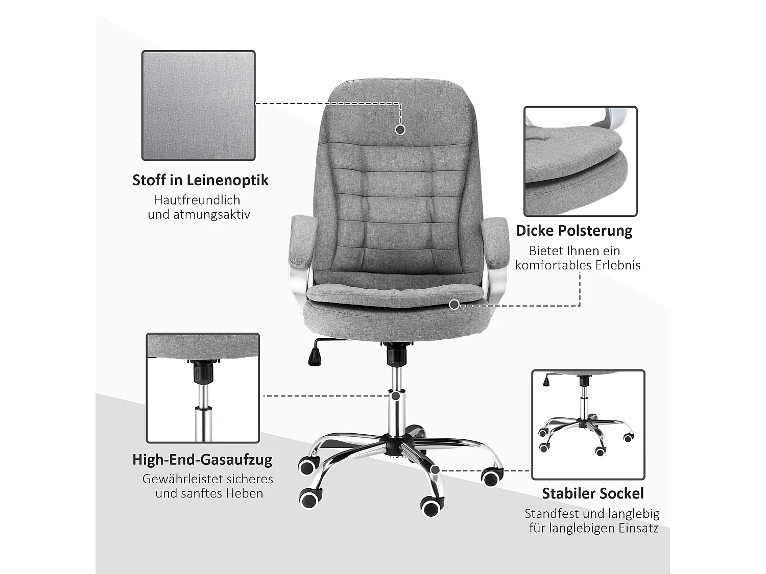 Cadeira de escritório ergonômica em linho com braços giratórios ajustáveis ​​cinza 64x75x111-121cm