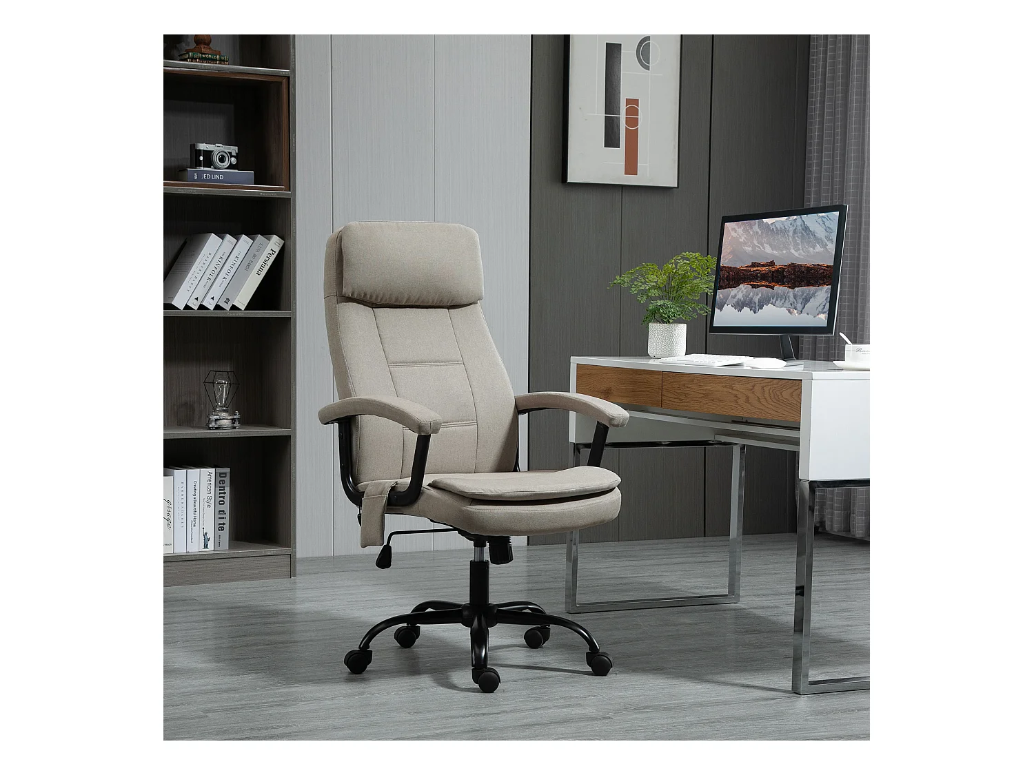 Silla de oficina ergonómica de tela con función de balanceo de masaje USB, beige para oficina en casa