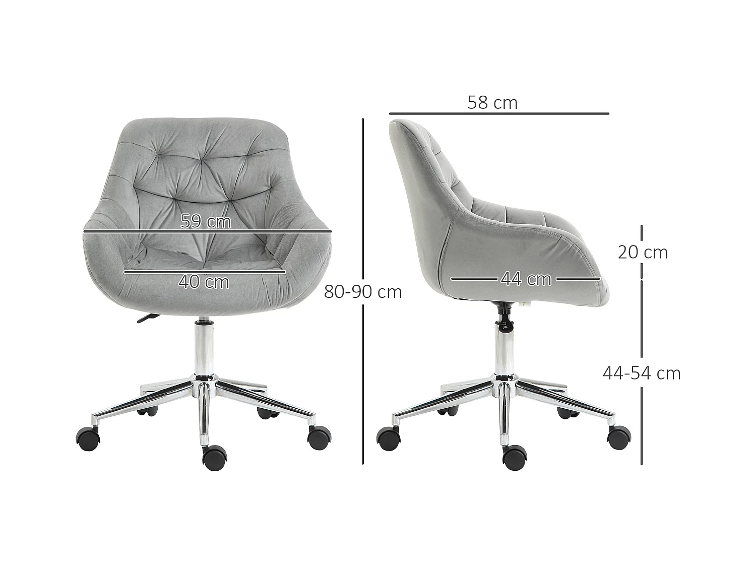Cadeira de escritório ergonômica ajustável em veludo cinza 59x58x80-90cm sala de estar e escritório em casa