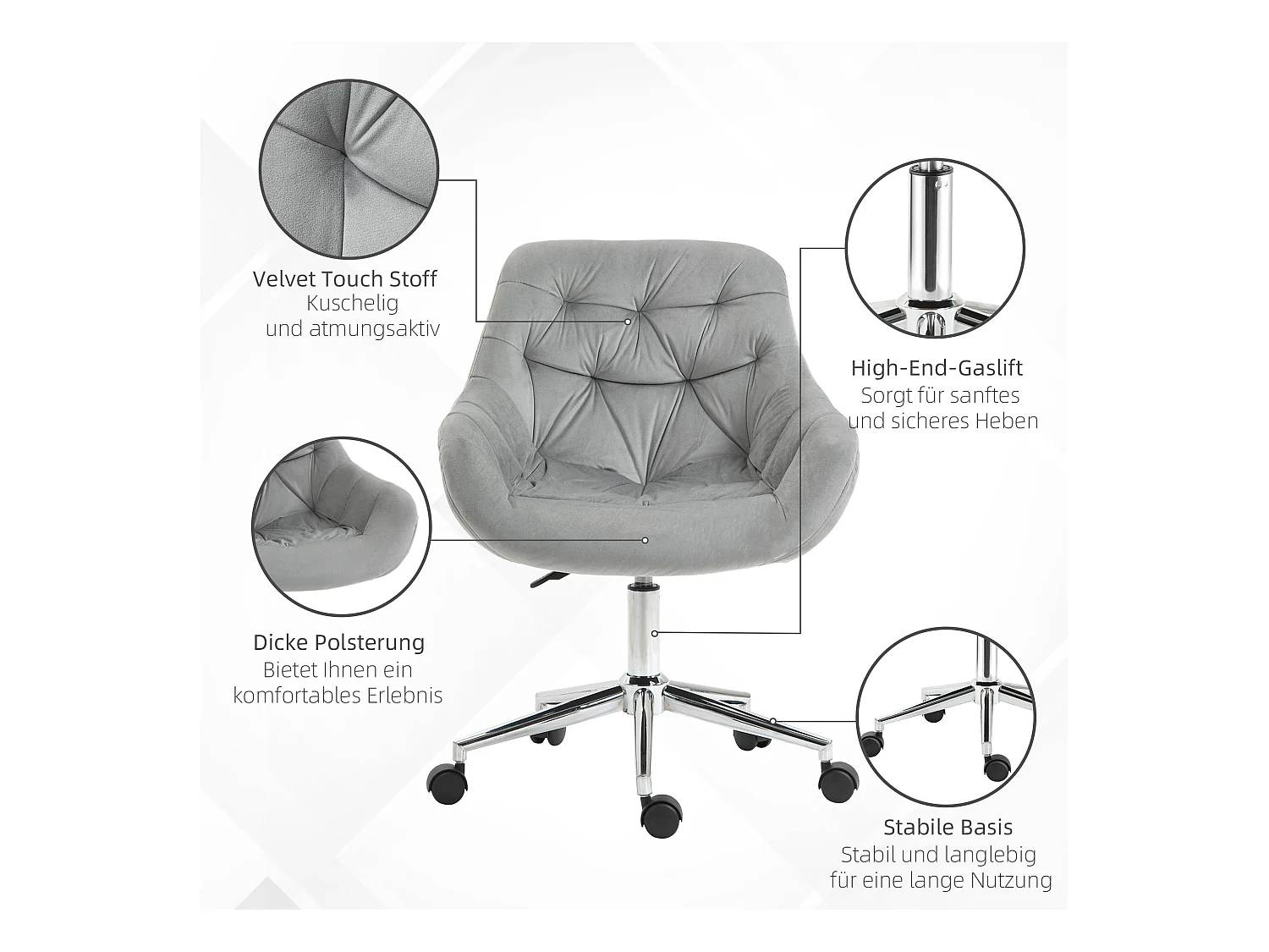 Cadeira de escritório ergonômica ajustável em veludo cinza 59x58x80-90cm sala de estar e escritório em casa