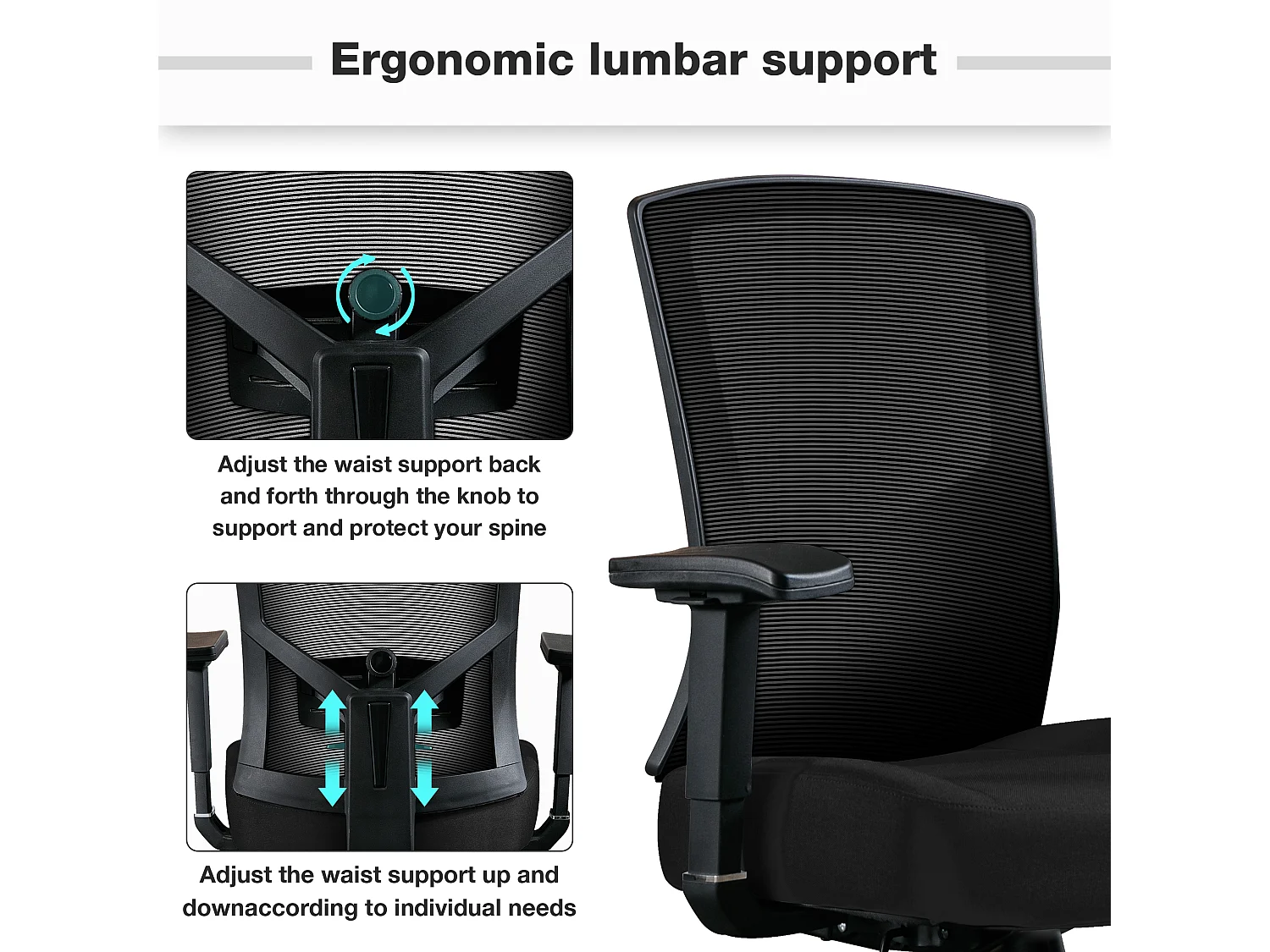 Silla de oficina ergonómica 200kg respaldo alto con soporte lumbar y asiento de malla, color negro