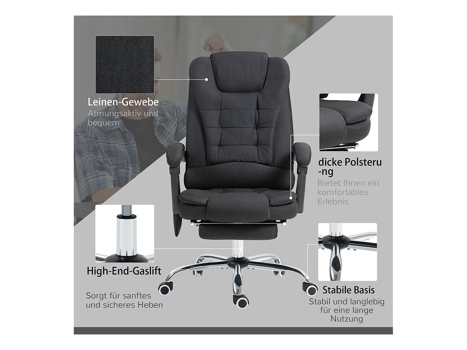 Chaise Bureau massaggio ergonomico con riposo-pieds, funzione colore, noir