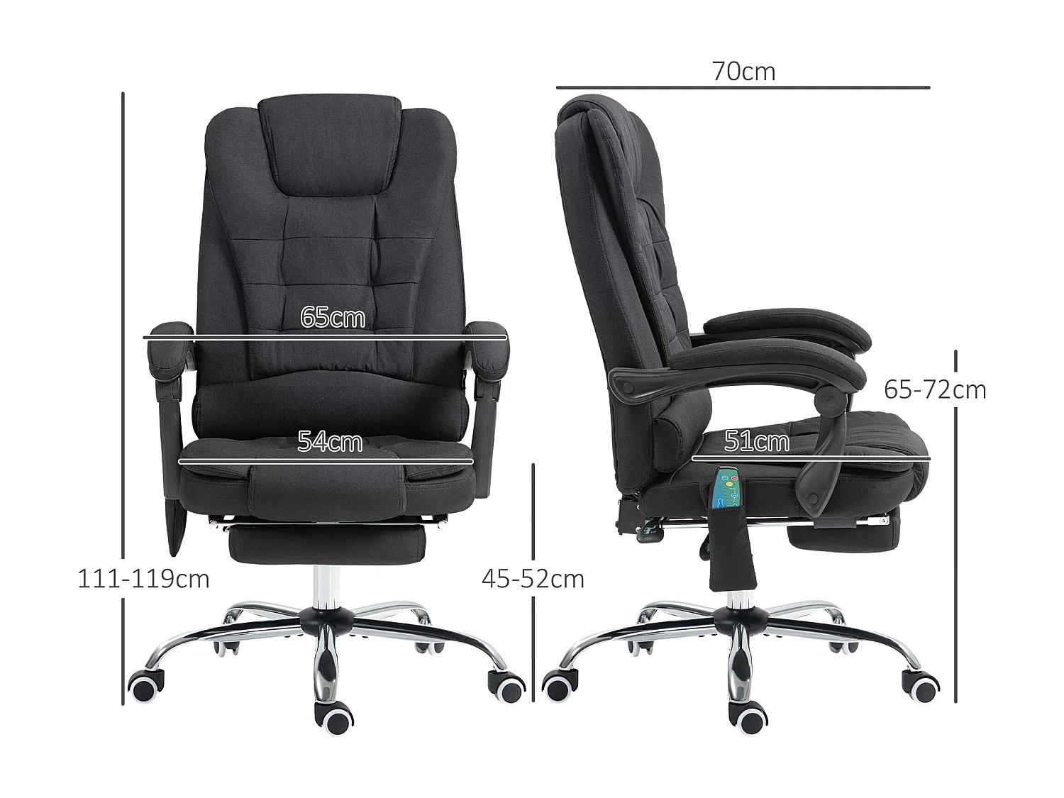 Silla ergonómica de masaje para oficina con reposapiés y función de calor, color negro.