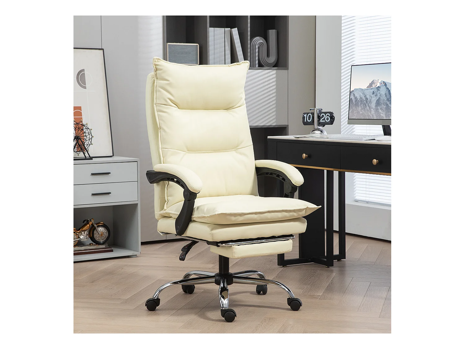 Fauteuil de Bureau simili-cuir inclinable 155° pivotant avec repose-pieds beige