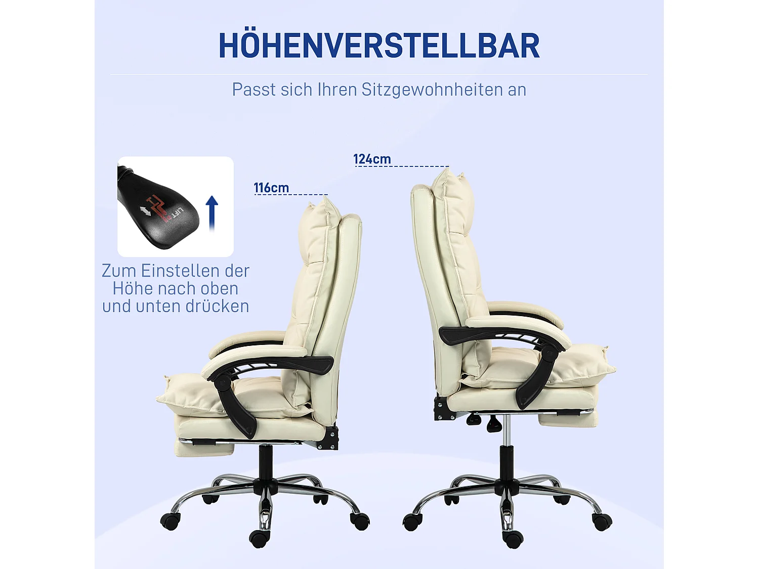 Silla de oficina de piel sintética con inclinación giratoria de 155° y reposapiés en color beige