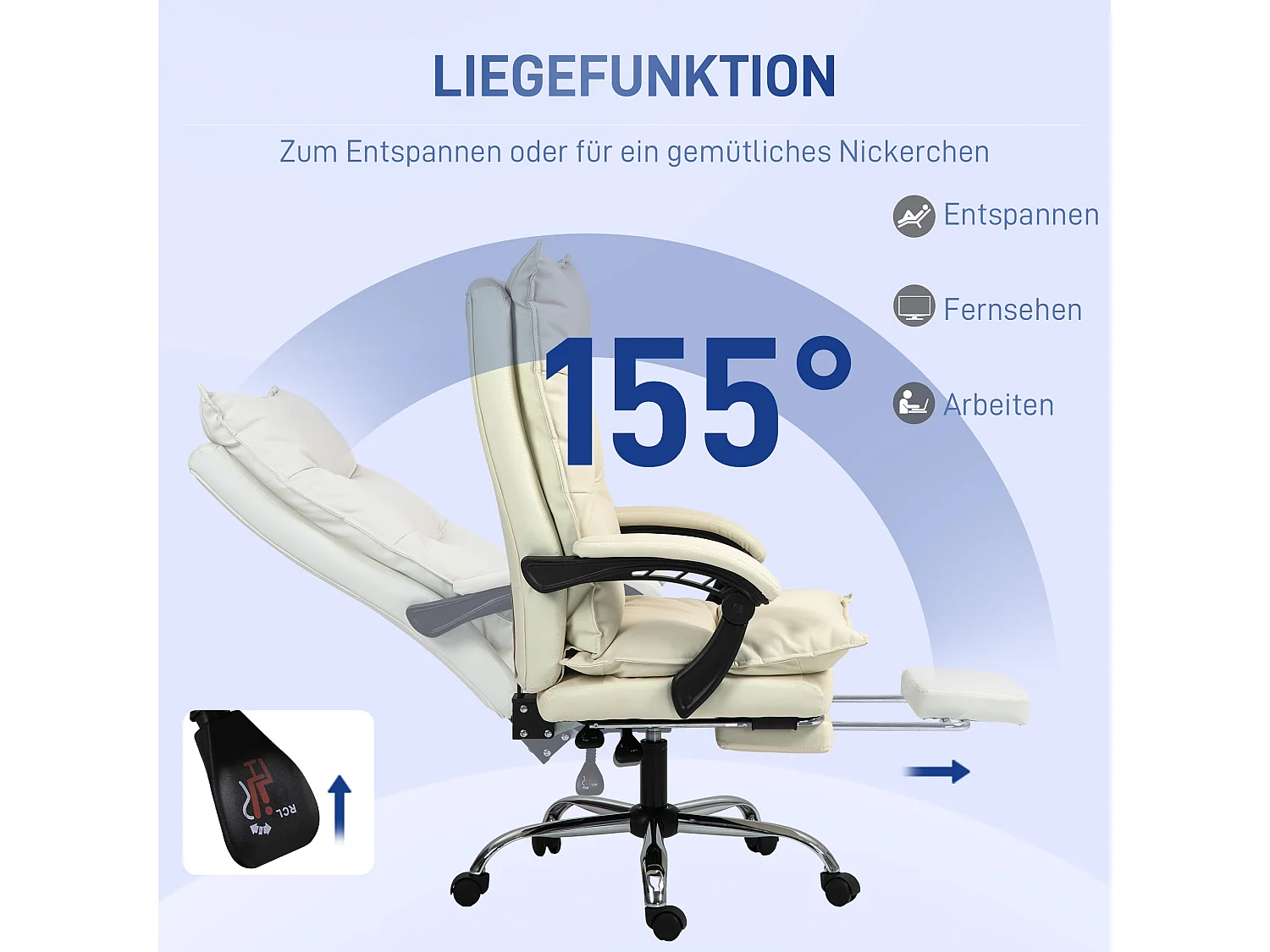 Silla de oficina de piel sintética con inclinación giratoria de 155° y reposapiés en color beige