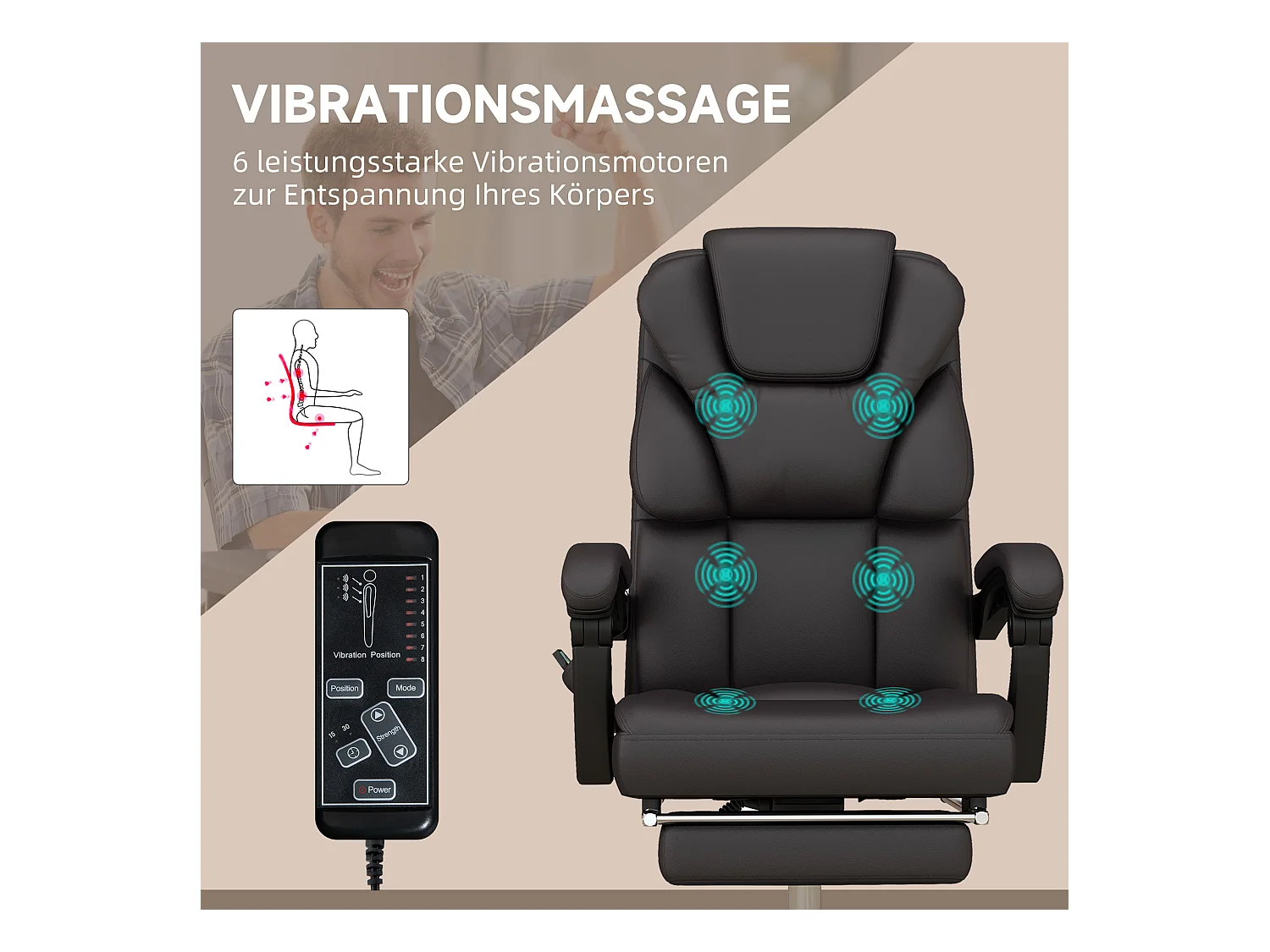 Silla de oficina ergonómica masaje altura ajustable con reposapiés Marrón