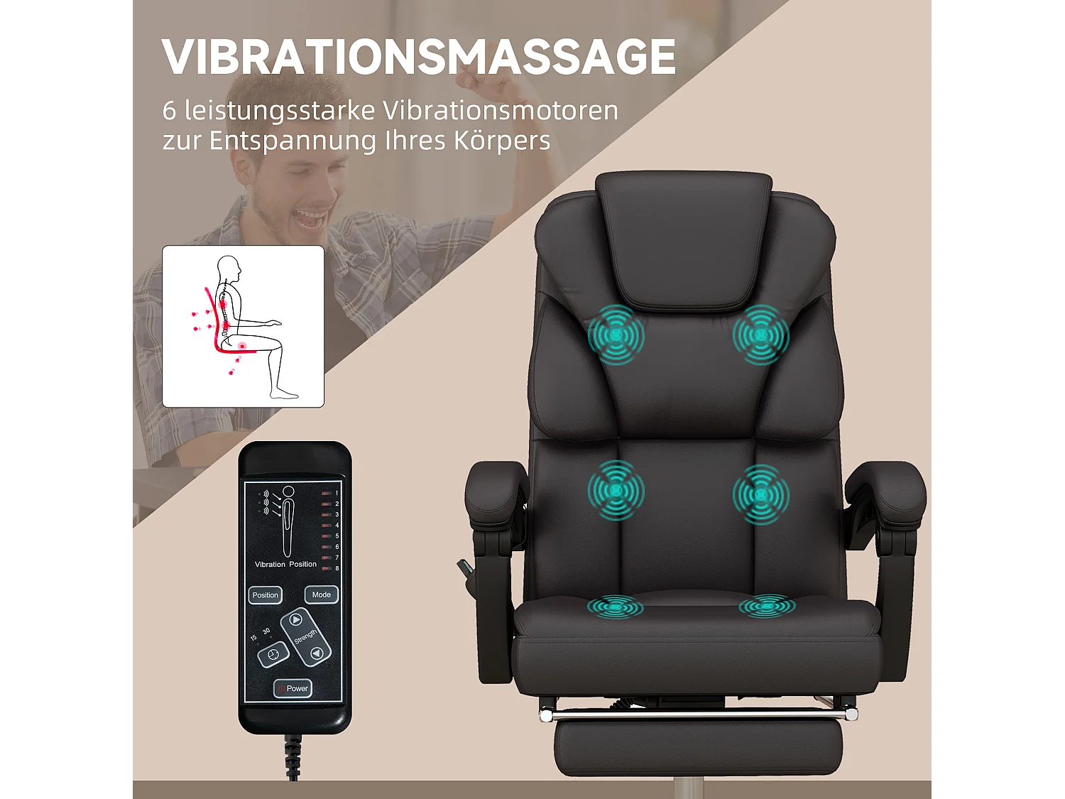 Fauteuil de bureau ergonomique massage hauteur réglable avec repose-pieds Marron