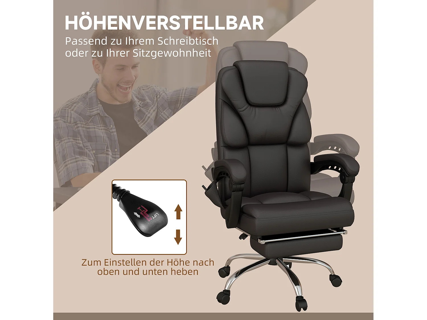 Fauteuil de bureau ergonomique massage hauteur réglable avec repose-pieds Marron