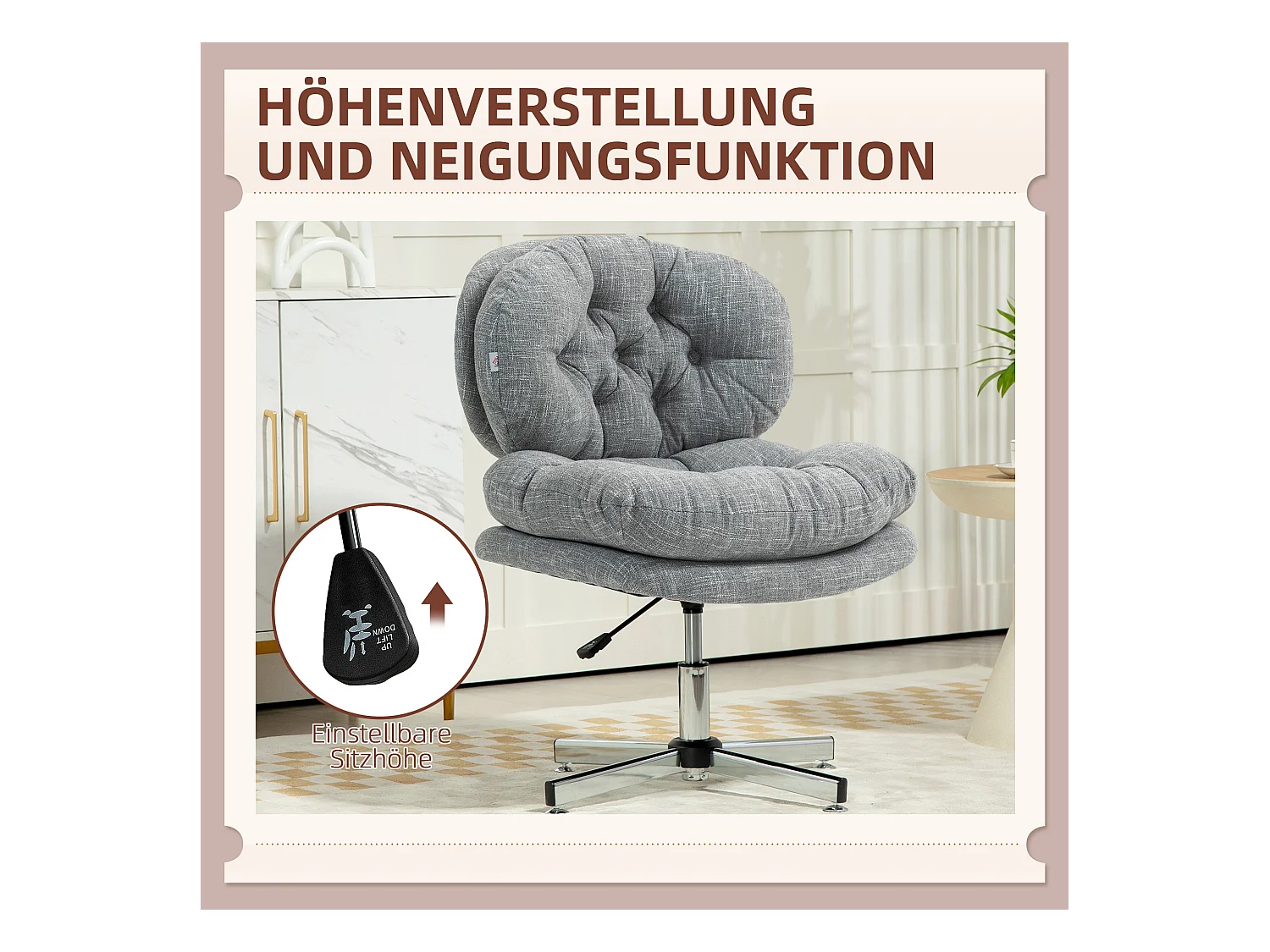 Silla de oficina ergonómica con asiento acolchado y respaldo de lino, altura regulable, color gris