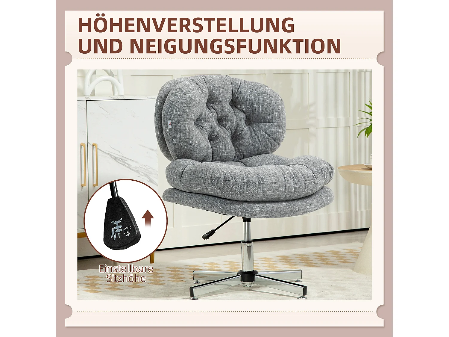 Silla de oficina ergonómica con asiento acolchado y respaldo de lino, altura regulable, color gris