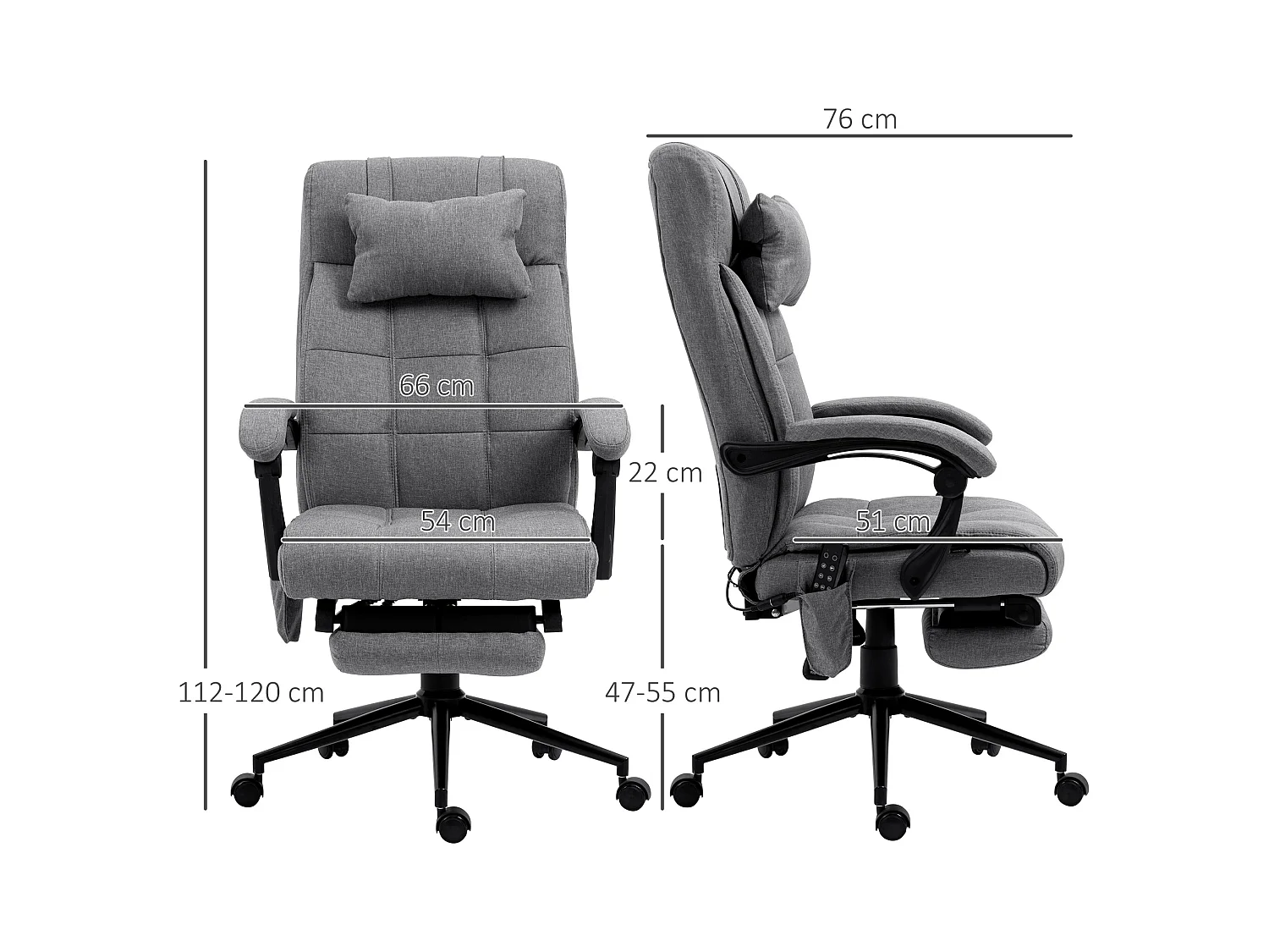 Chaise de Bureau massaggio ergonomica poliestere con chauffage lombaire et repose-pieds grigio 66x76x112-120 cm