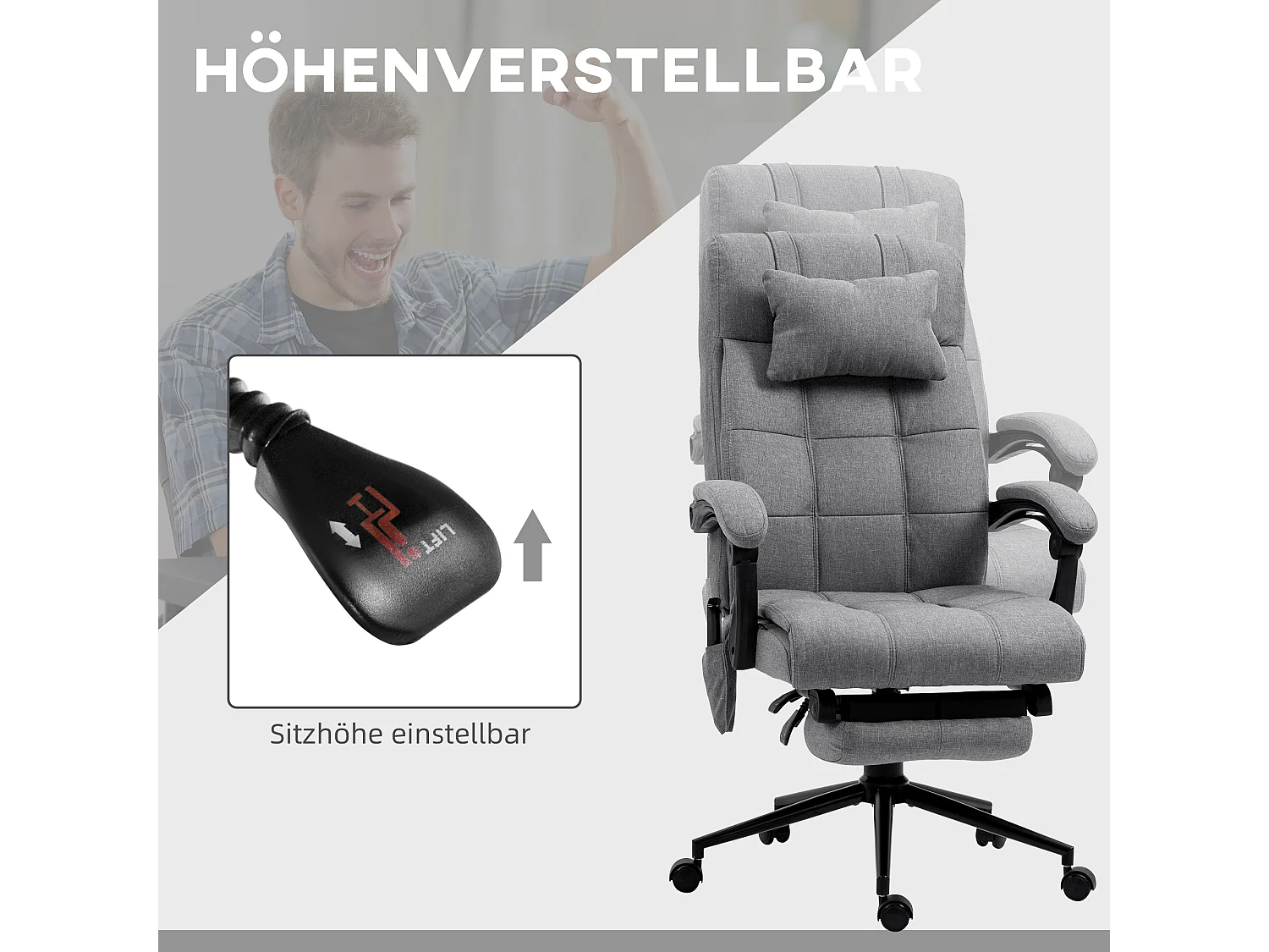 Chaise de Bureau massaggio ergonomica poliestere con chauffage lombaire et repose-pieds grigio 66x76x112-120 cm