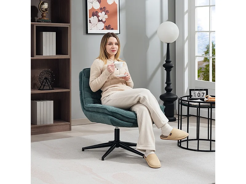 Silla de oficina ergonómica sin reposabrazos, asiento ancho, tela de lino, giratoria, verde oscuro