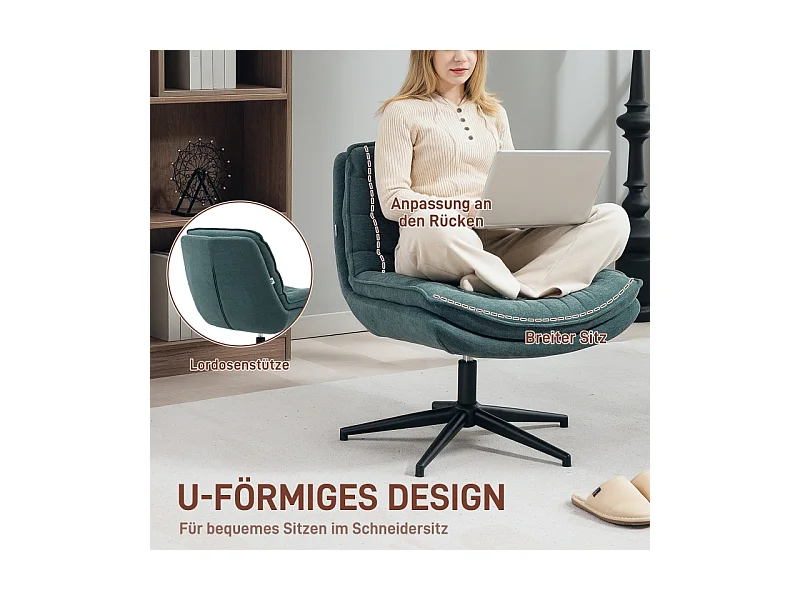 Fauteuil Bureau ergonomique sans accoudoirs, siège large, tissu lin, pivotant, vert foncé