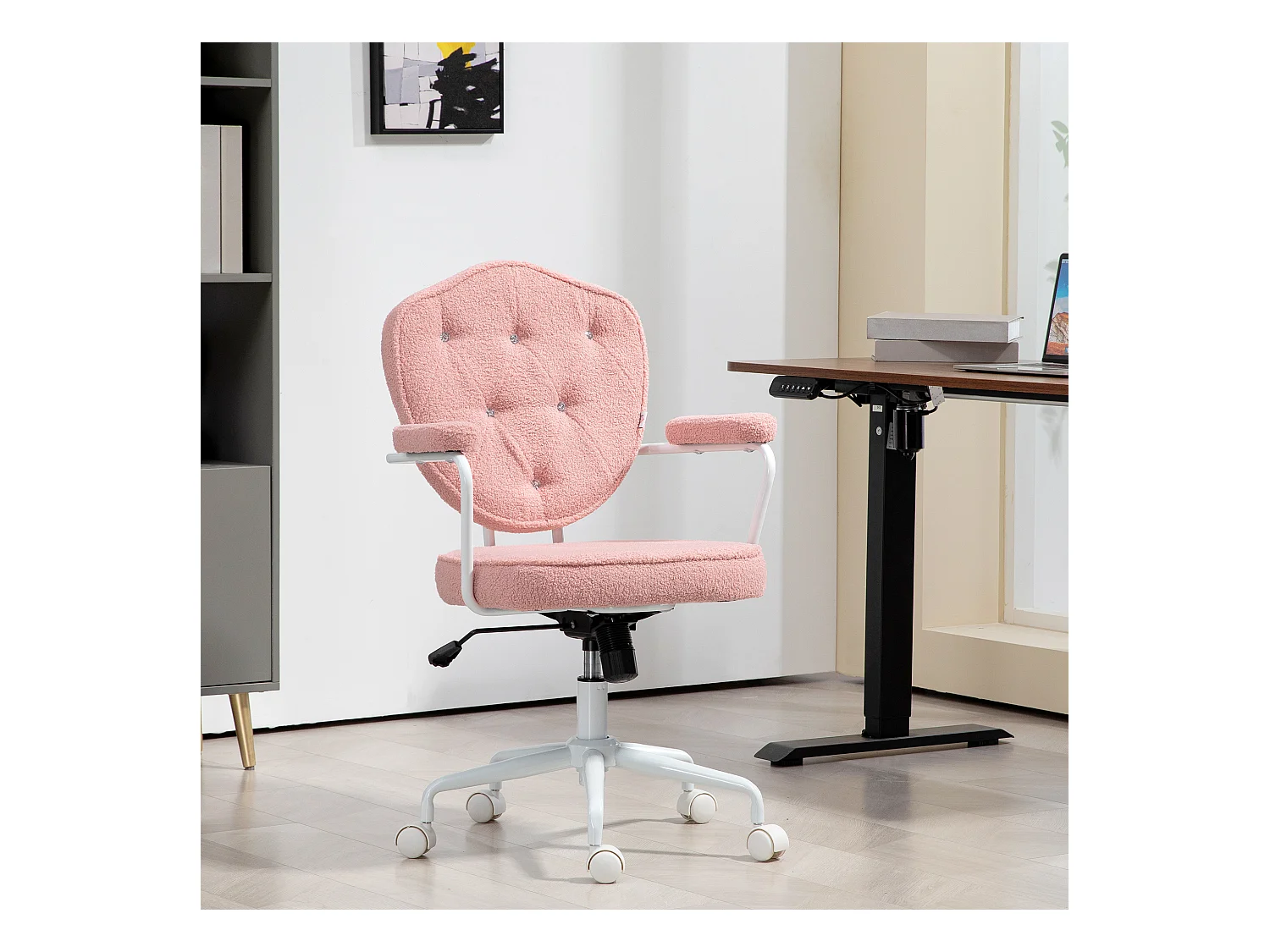 Scrivania ergonomica pivotante in tessuto Teddy con basculante per l'home office, rosa