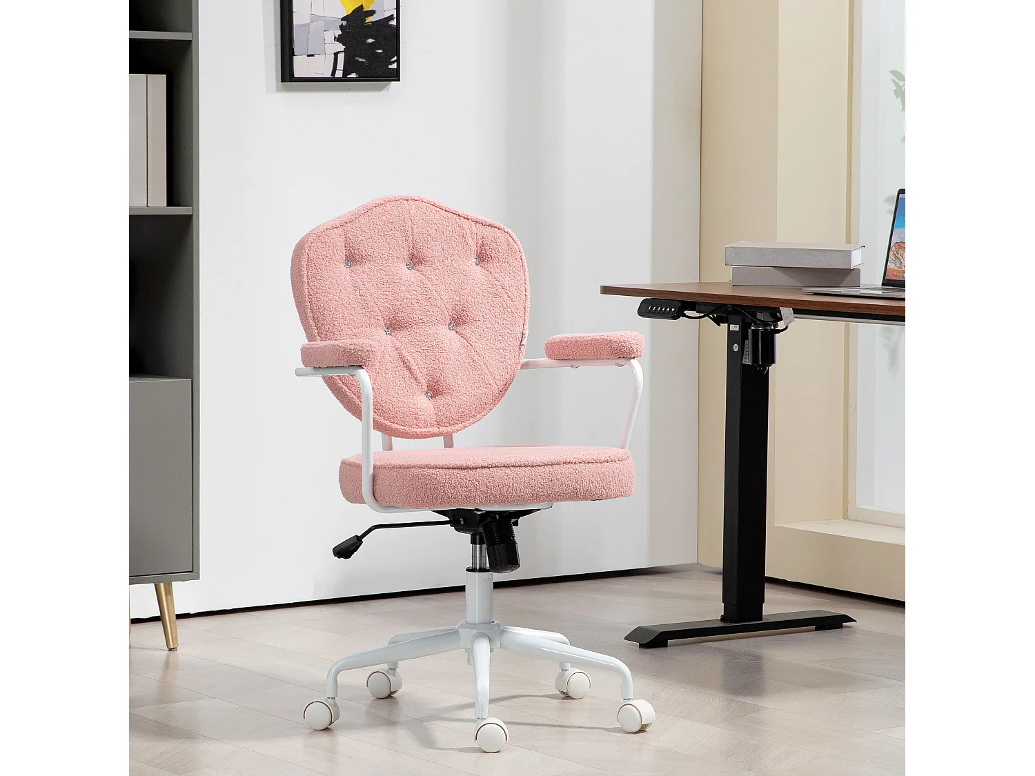 Silla de oficina ergonómica giratoria en tela Teddy con balancín para oficina en casa, color rosa