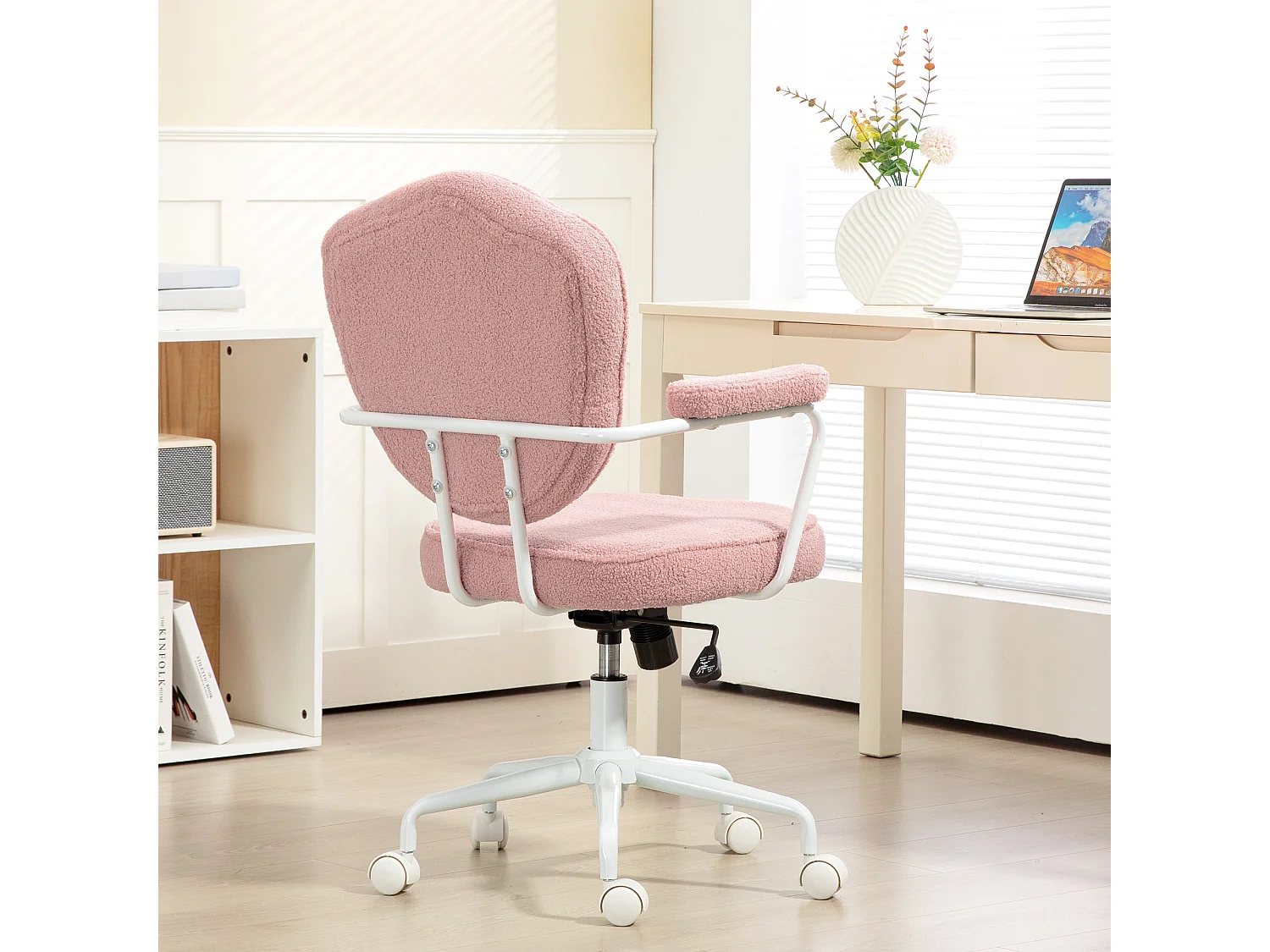 Silla de oficina ergonómica giratoria en tela Teddy con balancín para oficina en casa, color rosa
