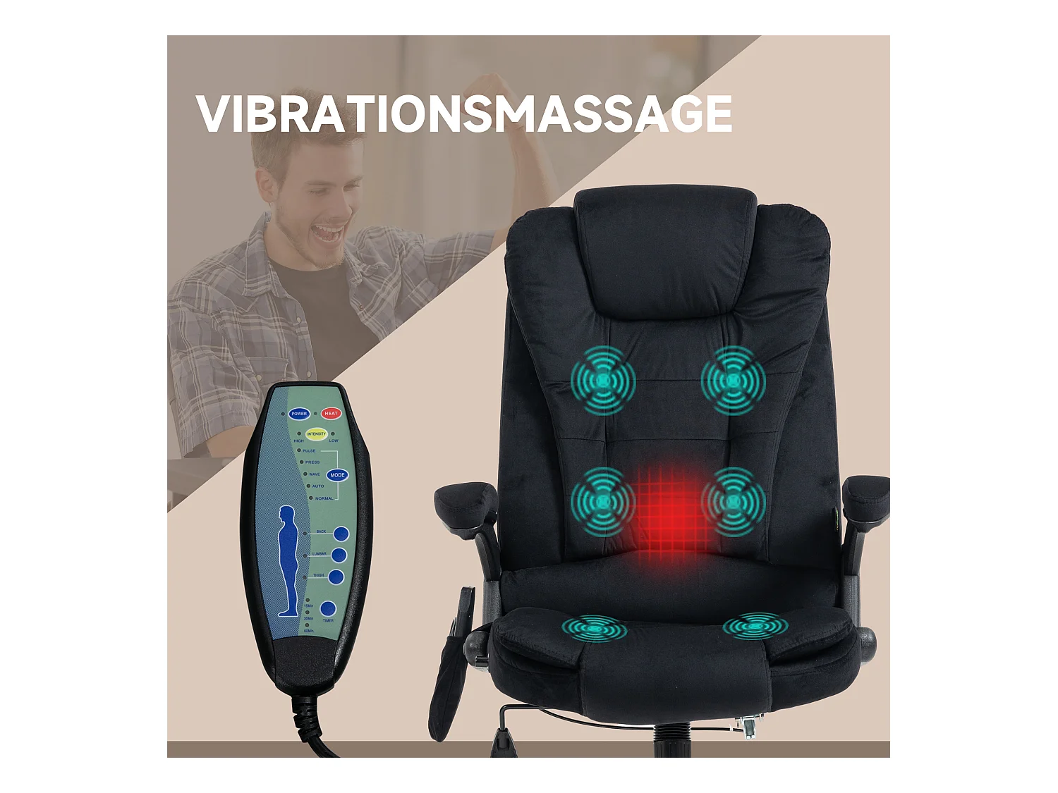 Sedia da ufficio ergonomica in velluto con massaggio, caldo, regolabile, nero, 67x74x107-116 cm