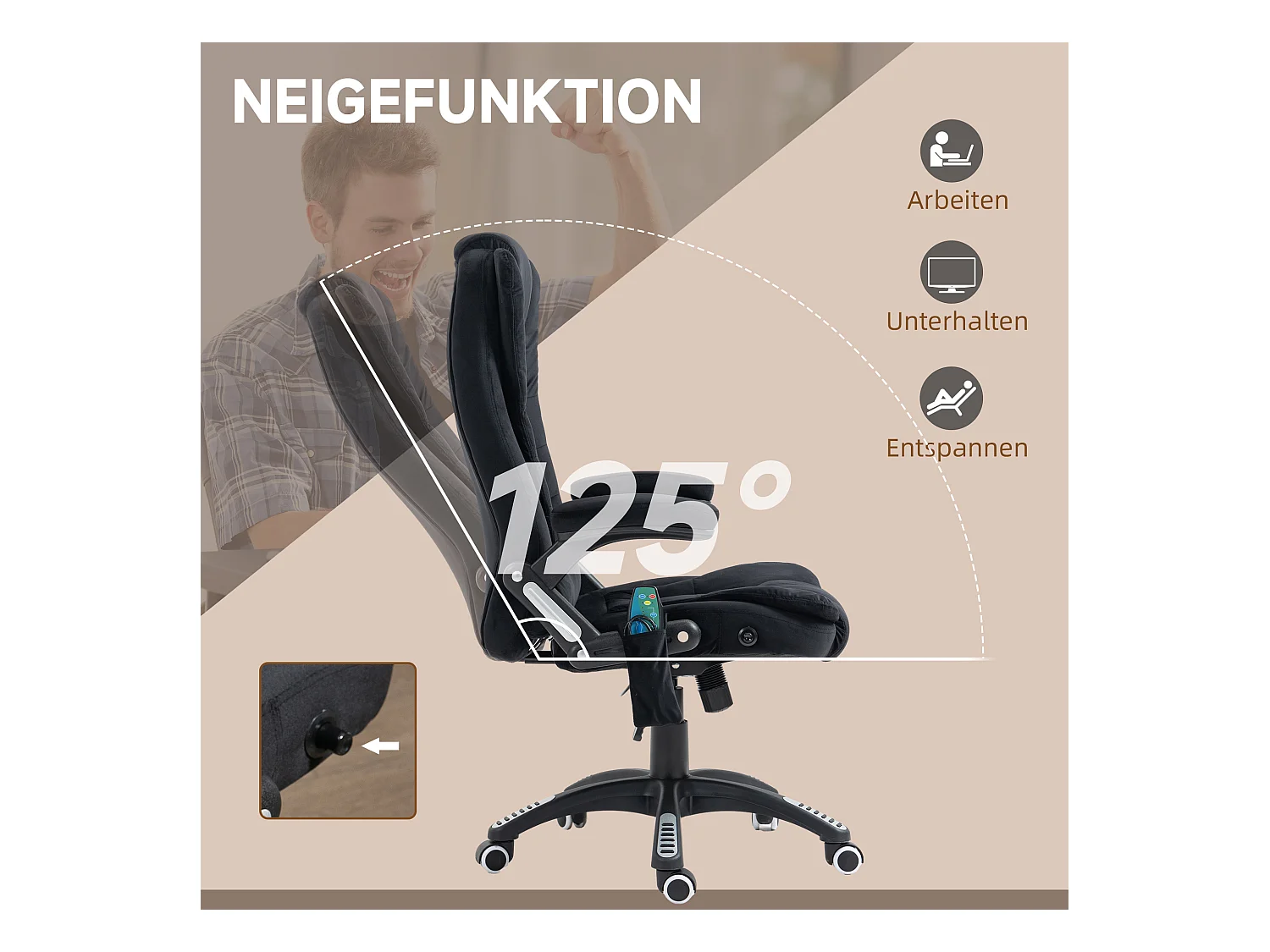 Sedia da ufficio ergonomica in velluto con massaggio, caldo, regolabile, nero, 67x74x107-116 cm