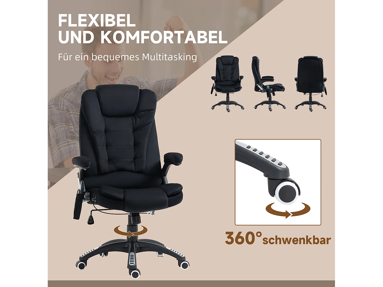 Sedia da ufficio ergonomica in velluto con massaggio, caldo, regolabile, nero, 67x74x107-116 cm