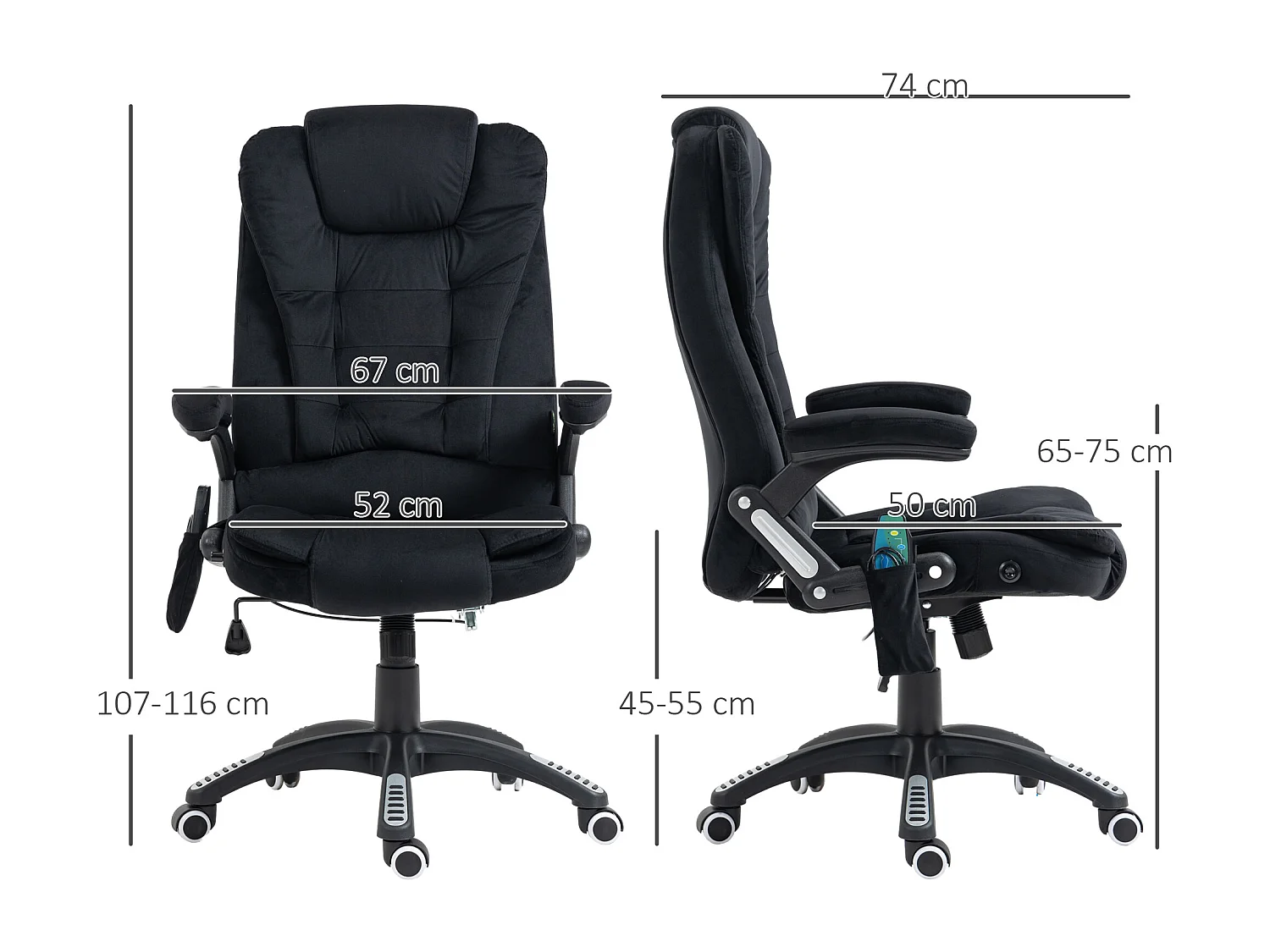 Fauteuil de bureau ergonomique en velours avec massage, chaleur, réglable, noir, 67x74x107-116 cm