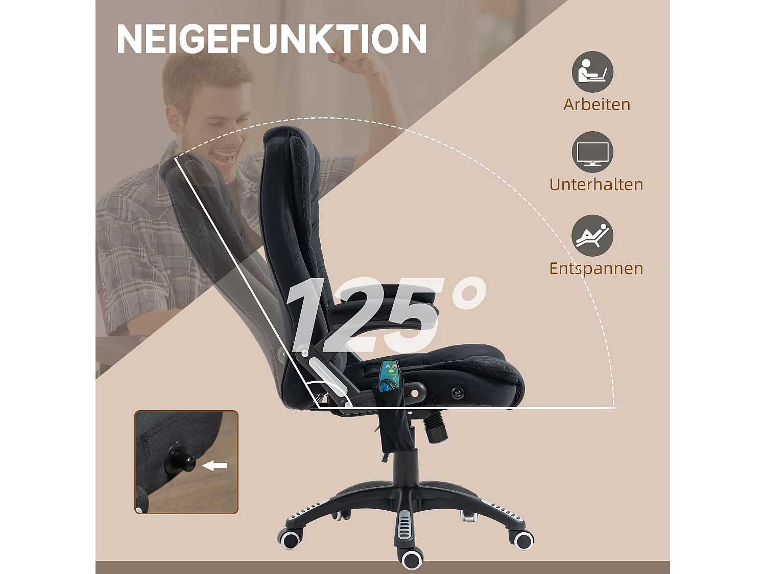 Fauteuil de bureau ergonomique en velours avec massage, chaleur, réglable, noir, 67x74x107-116 cm