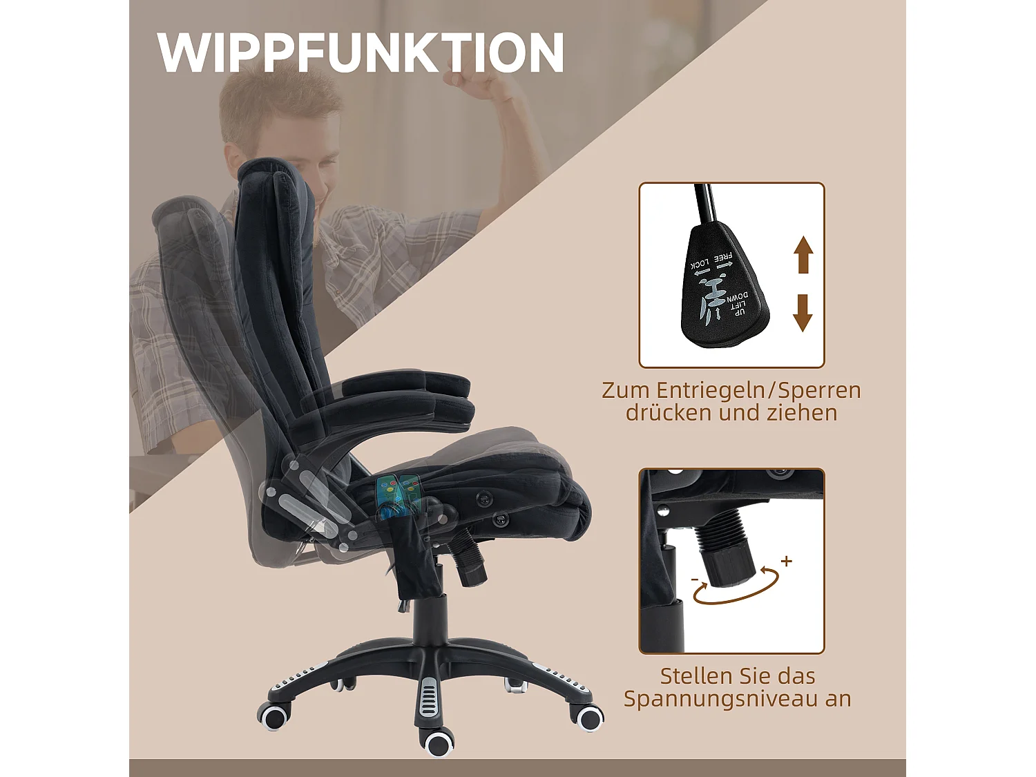 Fauteuil de bureau ergonomique en velours avec massage, chaleur, réglable, noir, 67x74x107-116 cm