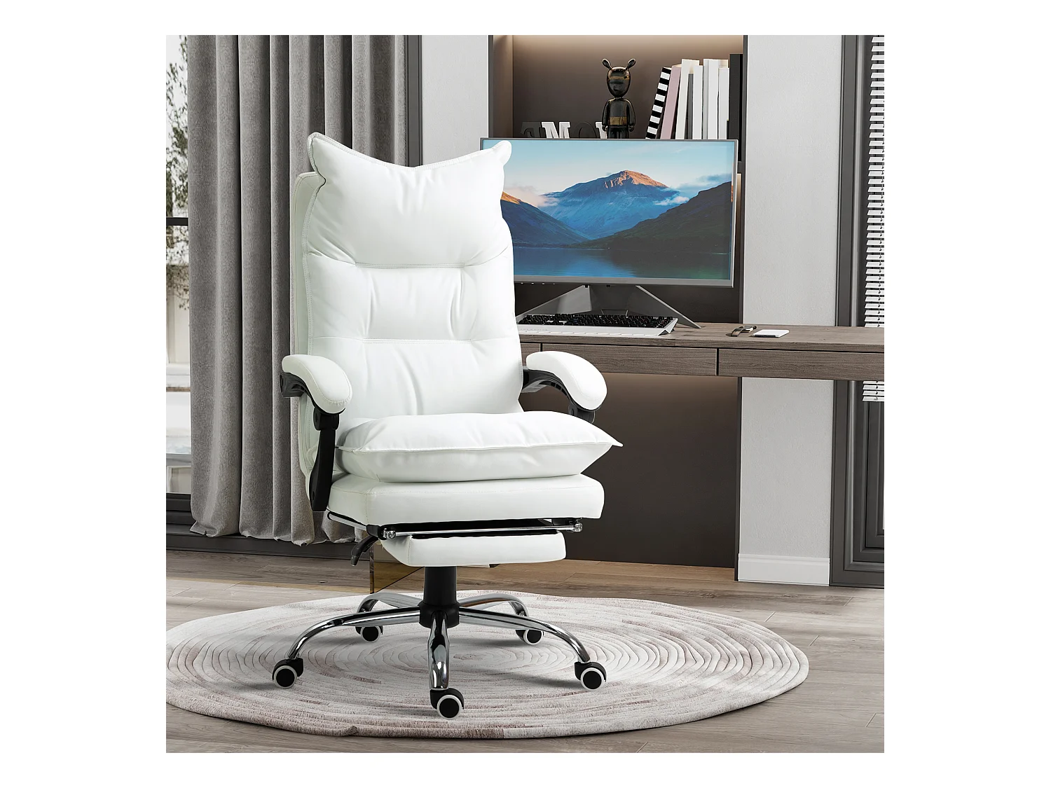 Chaise de Bureau inclinabile simile cuir avec repose-pieds réglable blanche 135kg