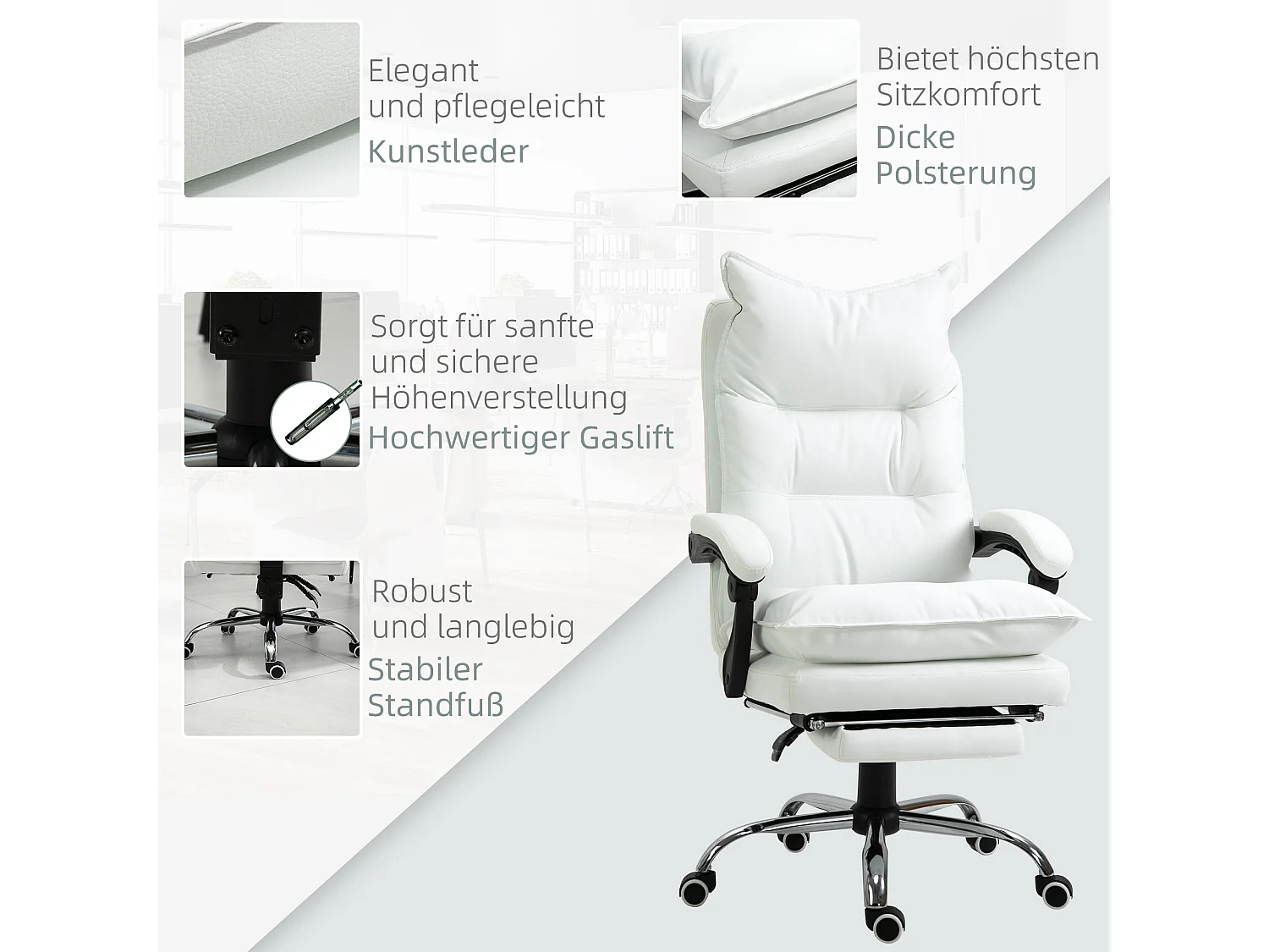 Chaise de Bureau inclinabile simile cuir avec repose-pieds réglable blanche 135kg