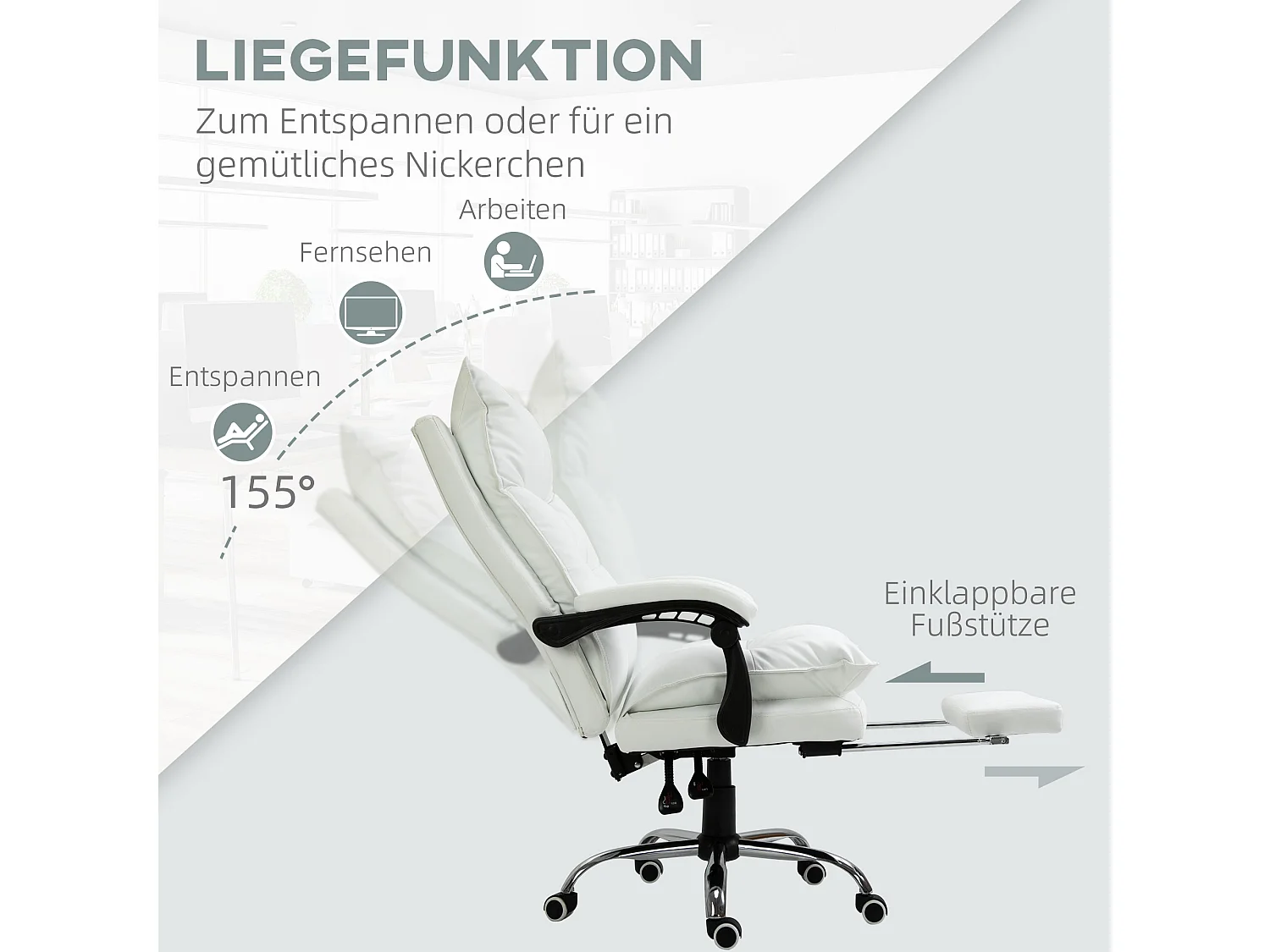 Chaise de Bureau inclinabile simile cuir avec repose-pieds réglable blanche 135kg