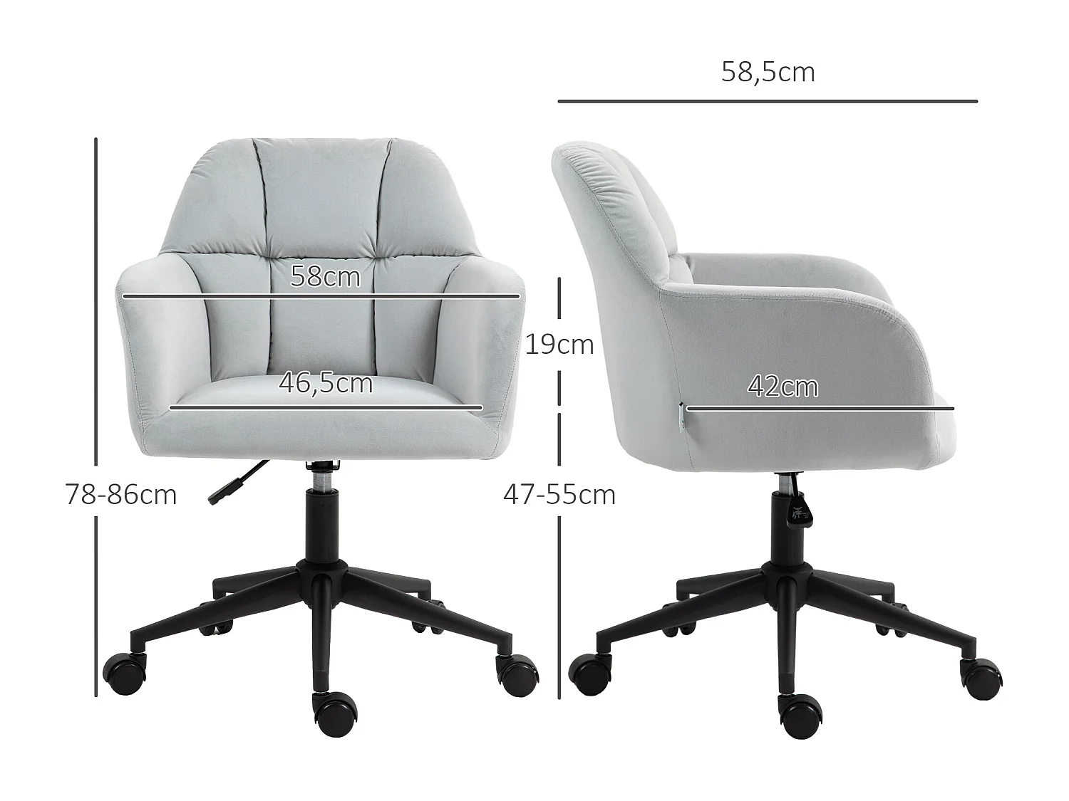 Chaise de bureau moderne velours pivotante réglable avec accoudoirs pour salon et bureau gris clair