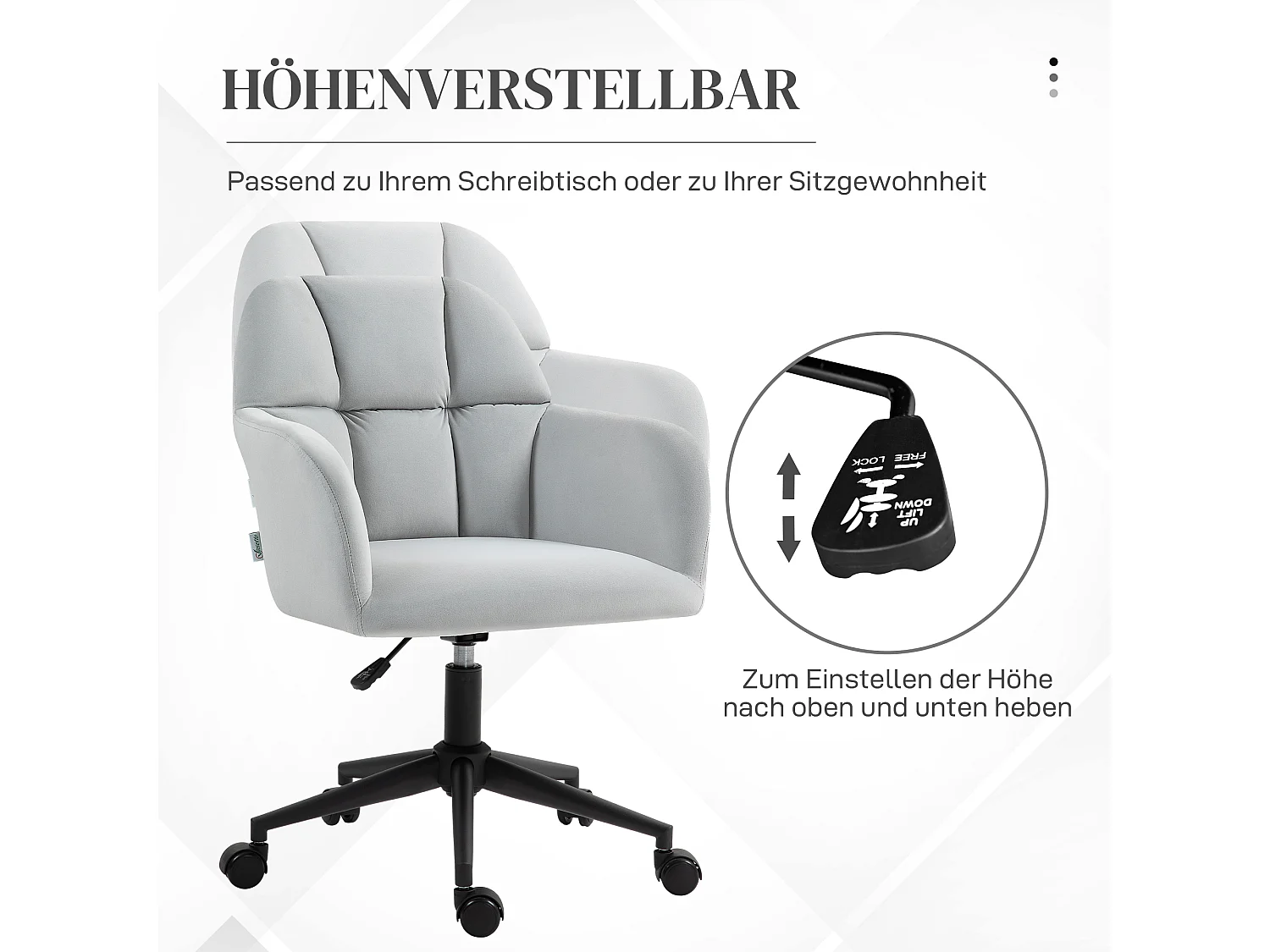 Chaise de bureau moderne velours pivotante réglable avec accoudoirs pour salon et bureau gris clair