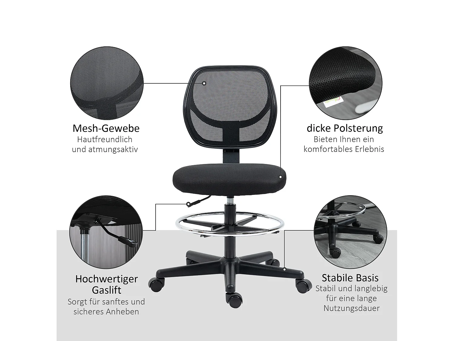 Chaise longue laterale ergonomica nera con schienale basso e poggiapiedi regolabili per ufficio