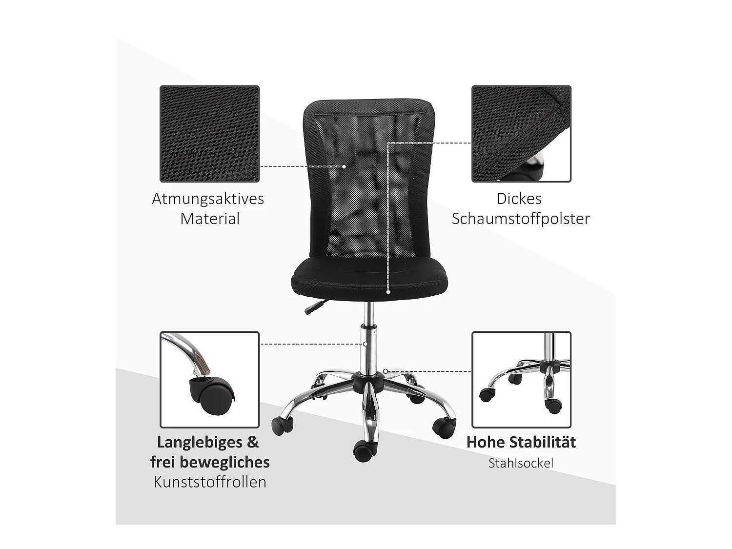 Chaise longue ergonomica senza comodini in tessuto maille, regolabile per scrivania e casa, nera