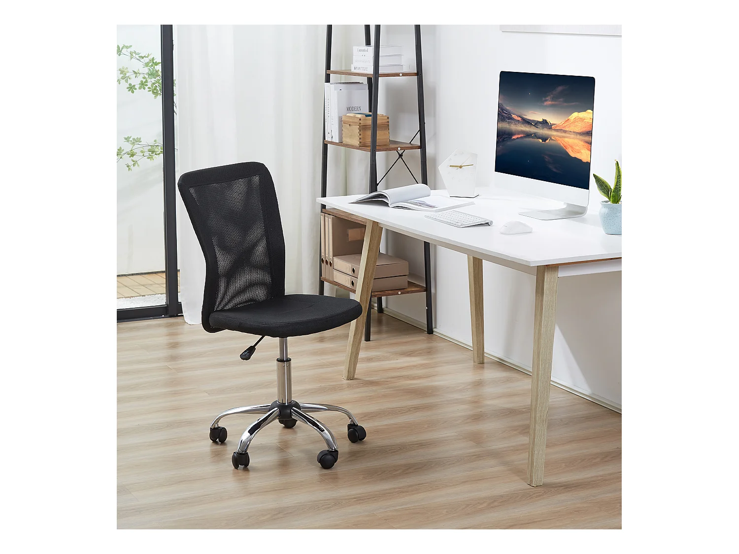 Cadeira de escritório ergonômica sem braços em tecido de malha, ajustável para escritório e casa, preta