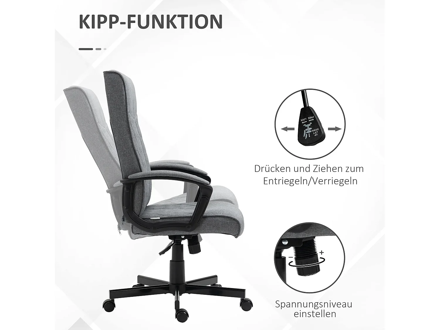 Chaise de bureau ergonomique tissu avec accoudoirs réglables et fonction bascule, gris foncé