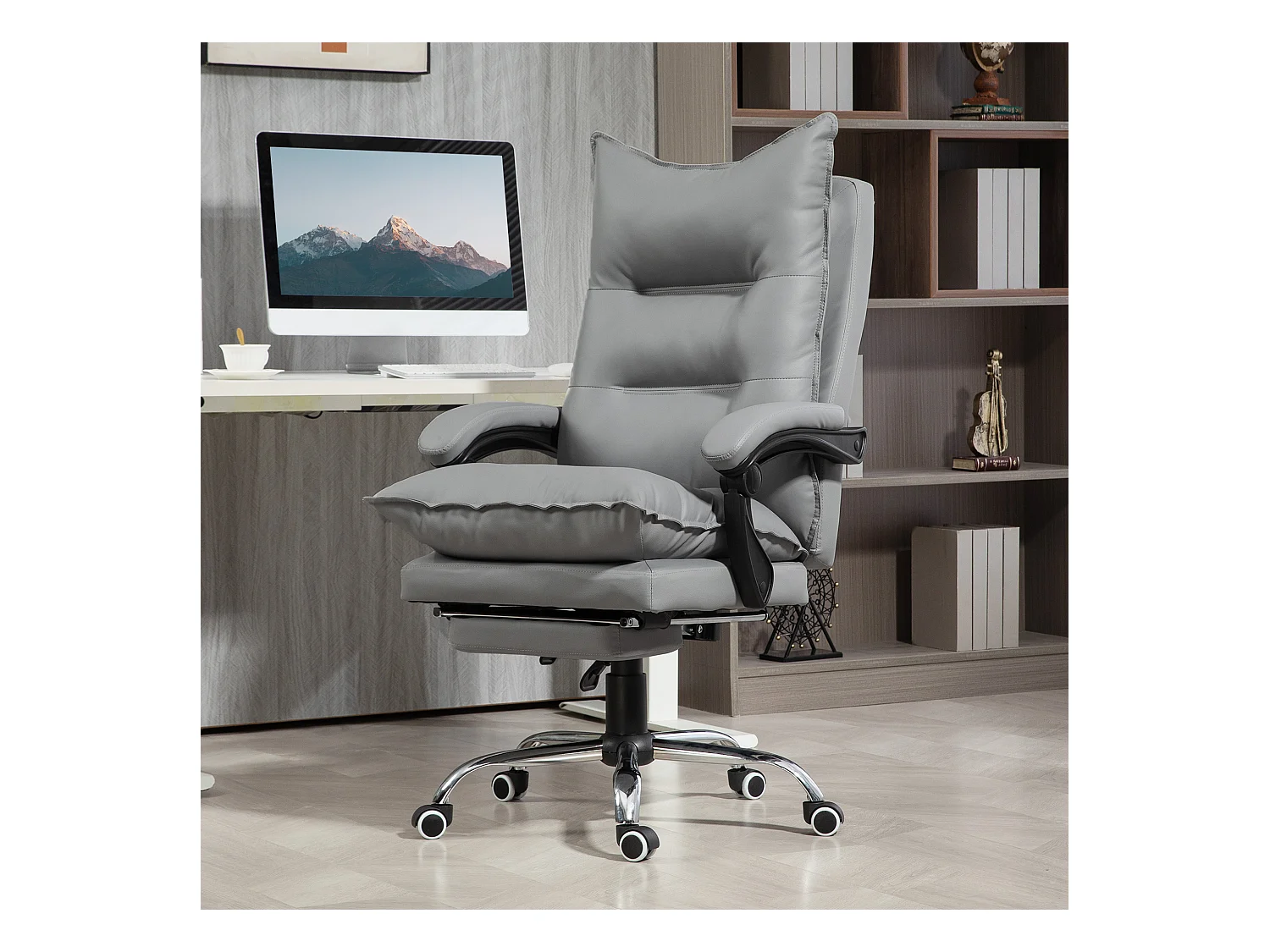 Silla de oficina giratoria ajustable de piel sintética con reposapiés ergonómico en gris claro