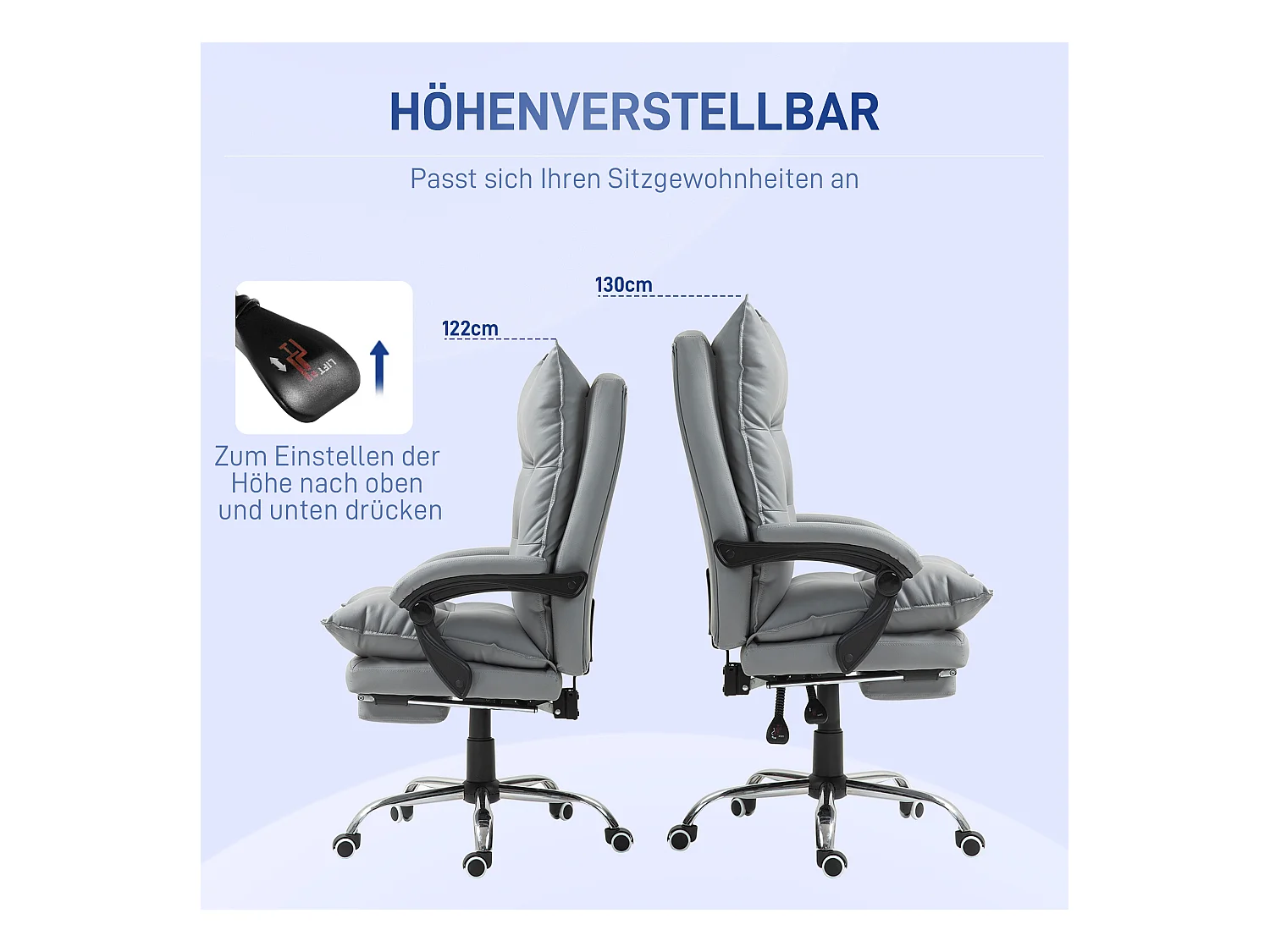 Silla de oficina giratoria ajustable de piel sintética con reposapiés ergonómico en gris claro